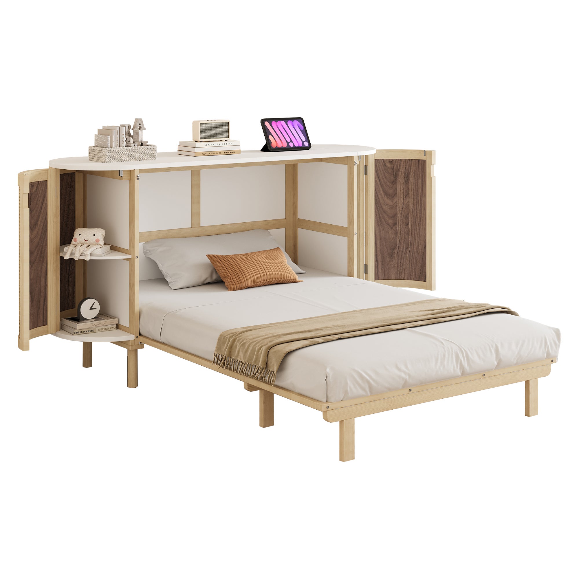 Cama abatible 140x200 con somier,cama de madera maciza con almacenaje y estanteria abierta,diseño de ratán, cama doble para adolescentes,color madera - 6