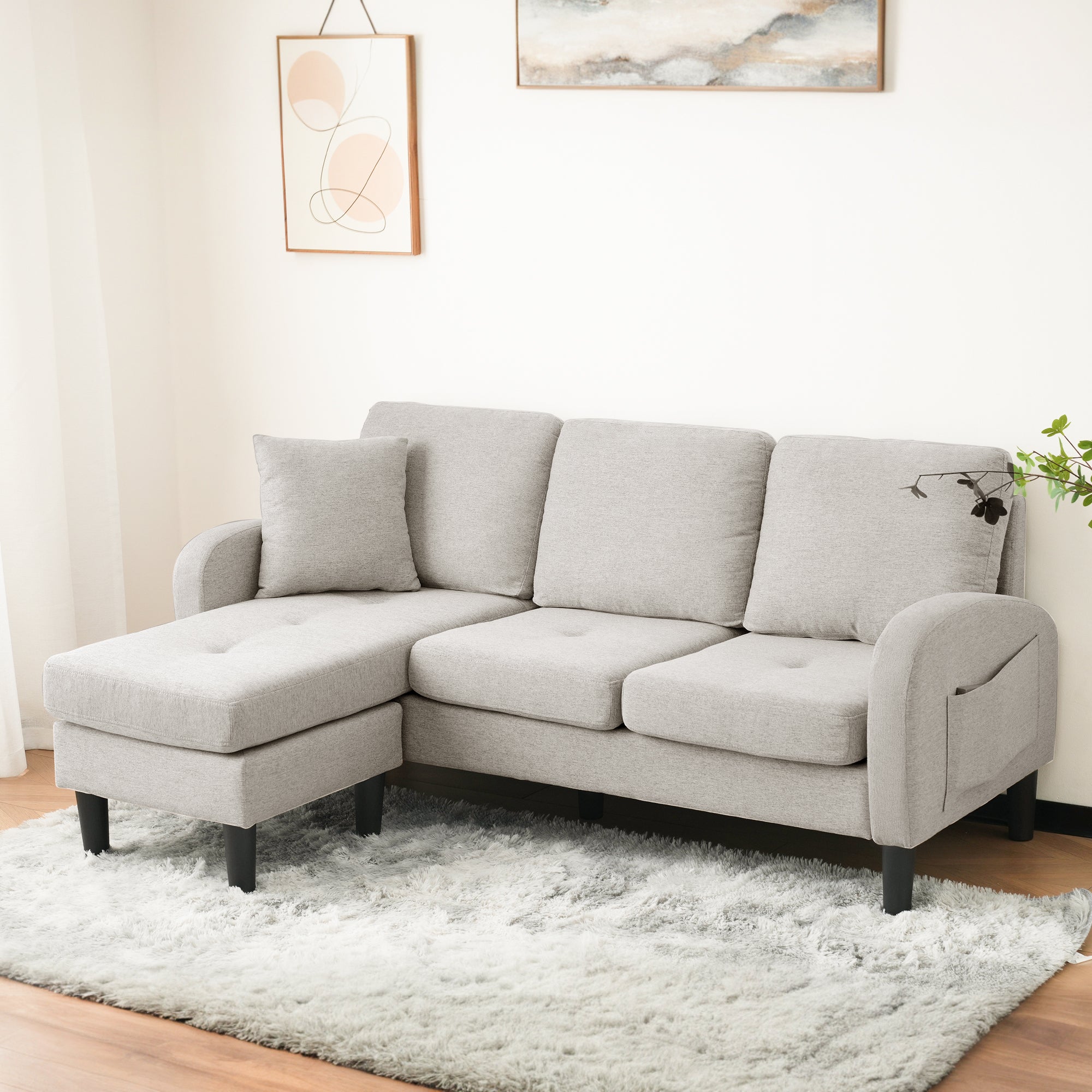 Divano angolare con chaise longue - 3 posti - tessuto cotone e lino - Beige grigio + bianco - 2