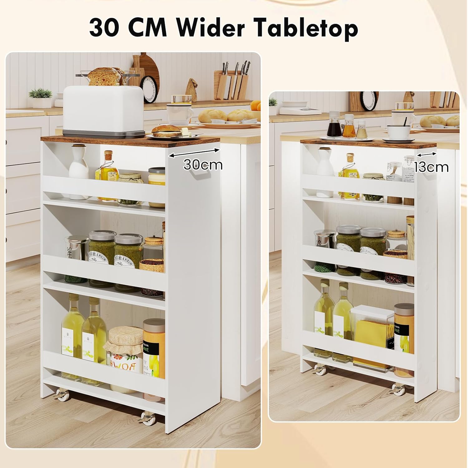 Chariot de Rangement Largeur 30 cm à roulettes, Desserte de Cuisine à 4 Niveaux, Poignée Latérale et Roues Universelles avec Freins (Blanc+ Brun) - 5