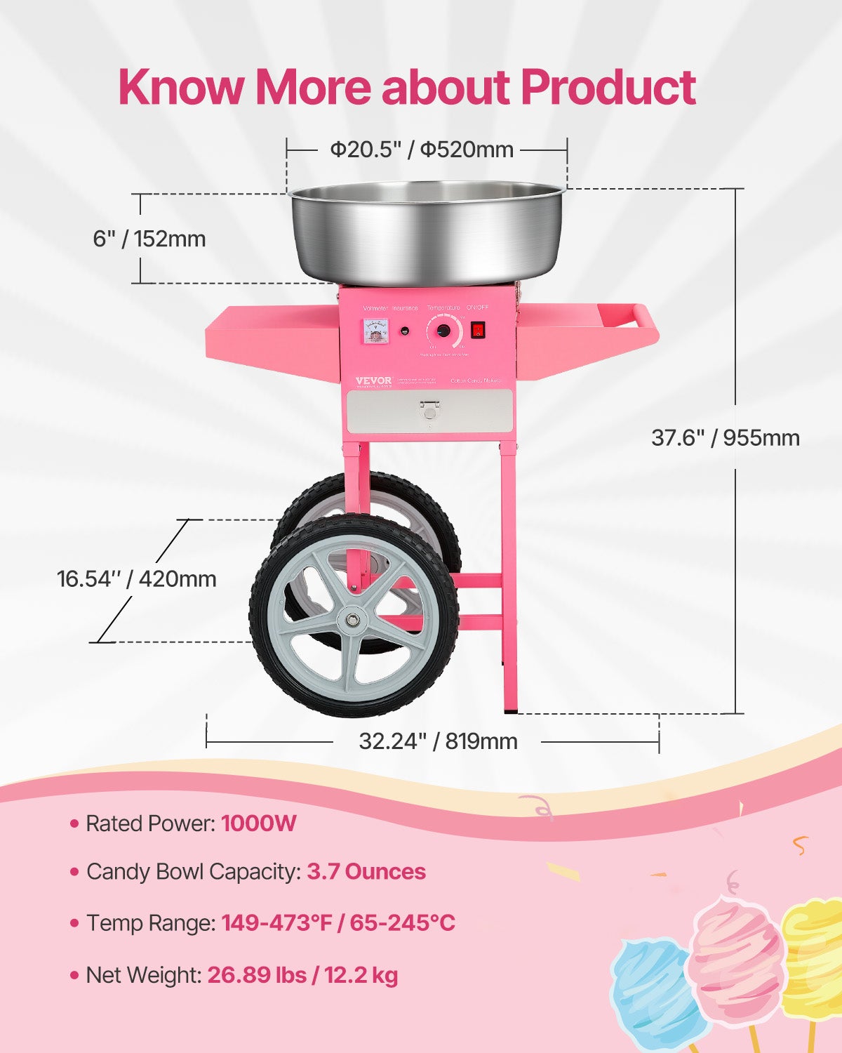 Macchina per zucchero filato VEVOR con carrello, elettrica 1000 W, ciotola in acciaio inox 52 cm, cucchiaio per zucchero e cassetto, rosa - 7