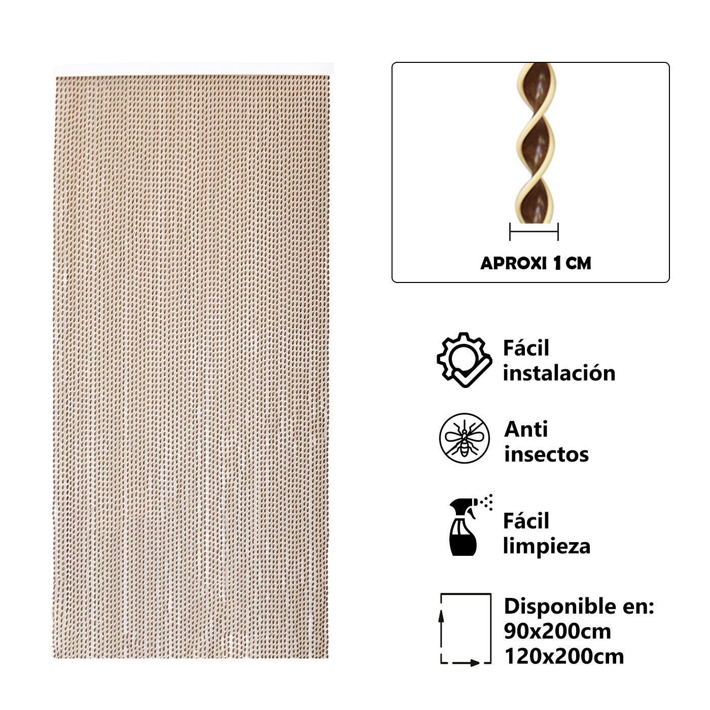 Aitsse- cortina espiral de pvc para puerta exterior o interior (200x120cm, marron+filo beig r2)