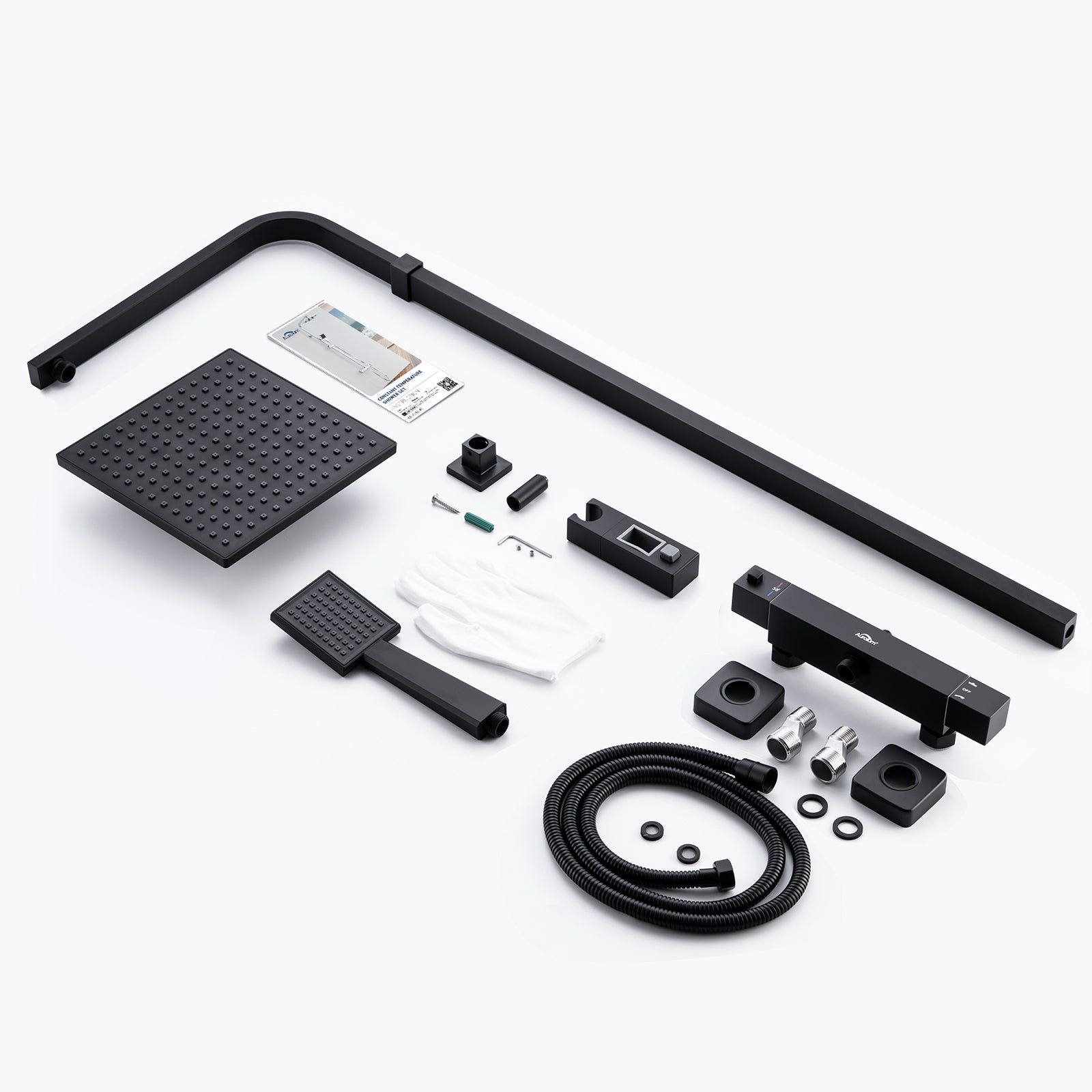 Coluna Duche Preta com Misturadora Termostática em Latão,Conjunto Duche Quadrado 215x215mm,Barra Inoxidável,Altura Ajustável 1100 -1370mm - 8