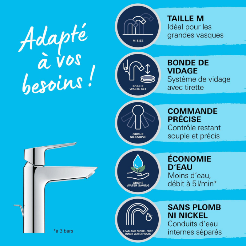 Mitigeur lavabo GROHE Quickfix Start 2021 avec tirette et vidage taille M chromé - 3