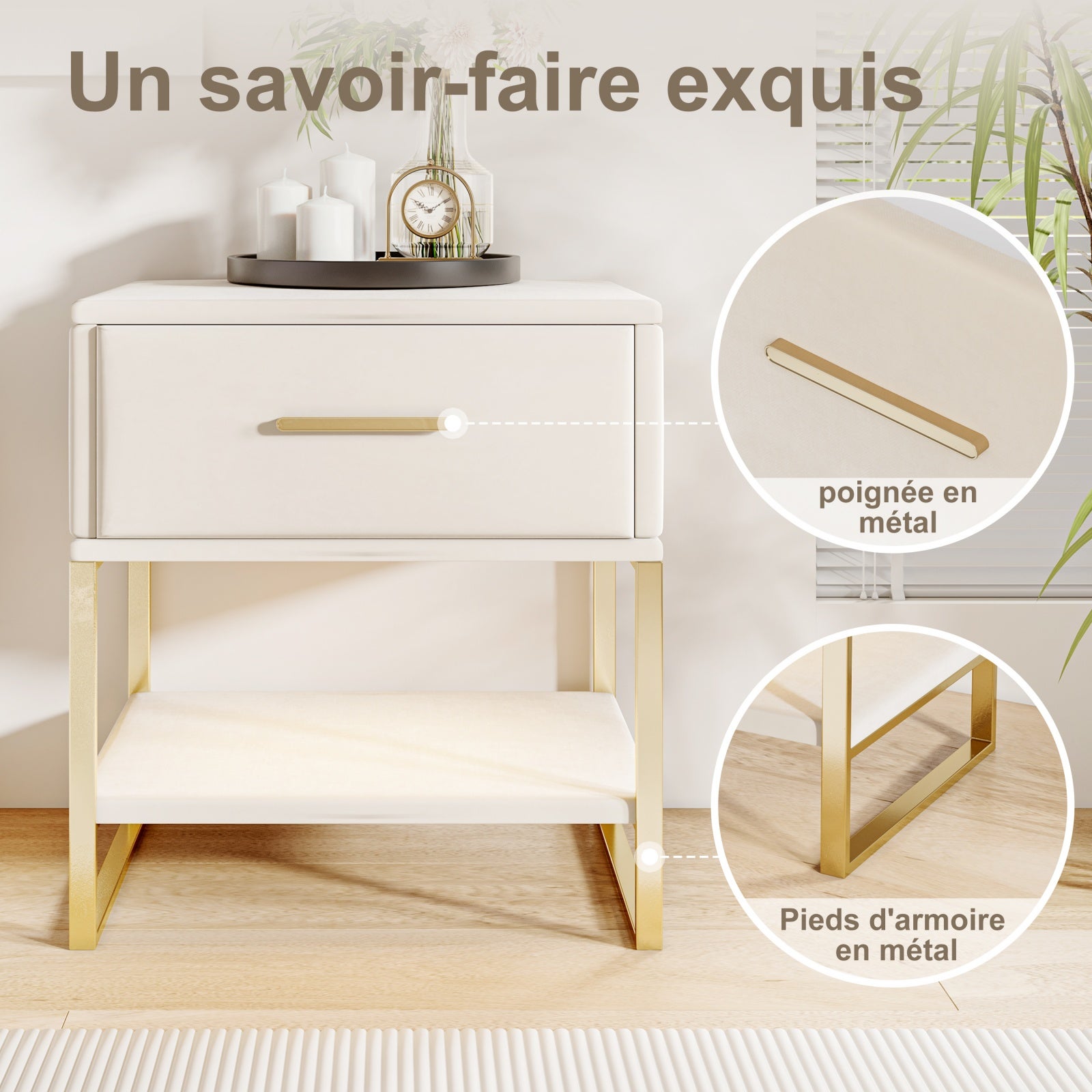 Lot de 2 Tables de chevet avec tiroir, éclairage LED et étagère ouverte – Cadre métallique doré,40×31×50 cm,velours beige - 4