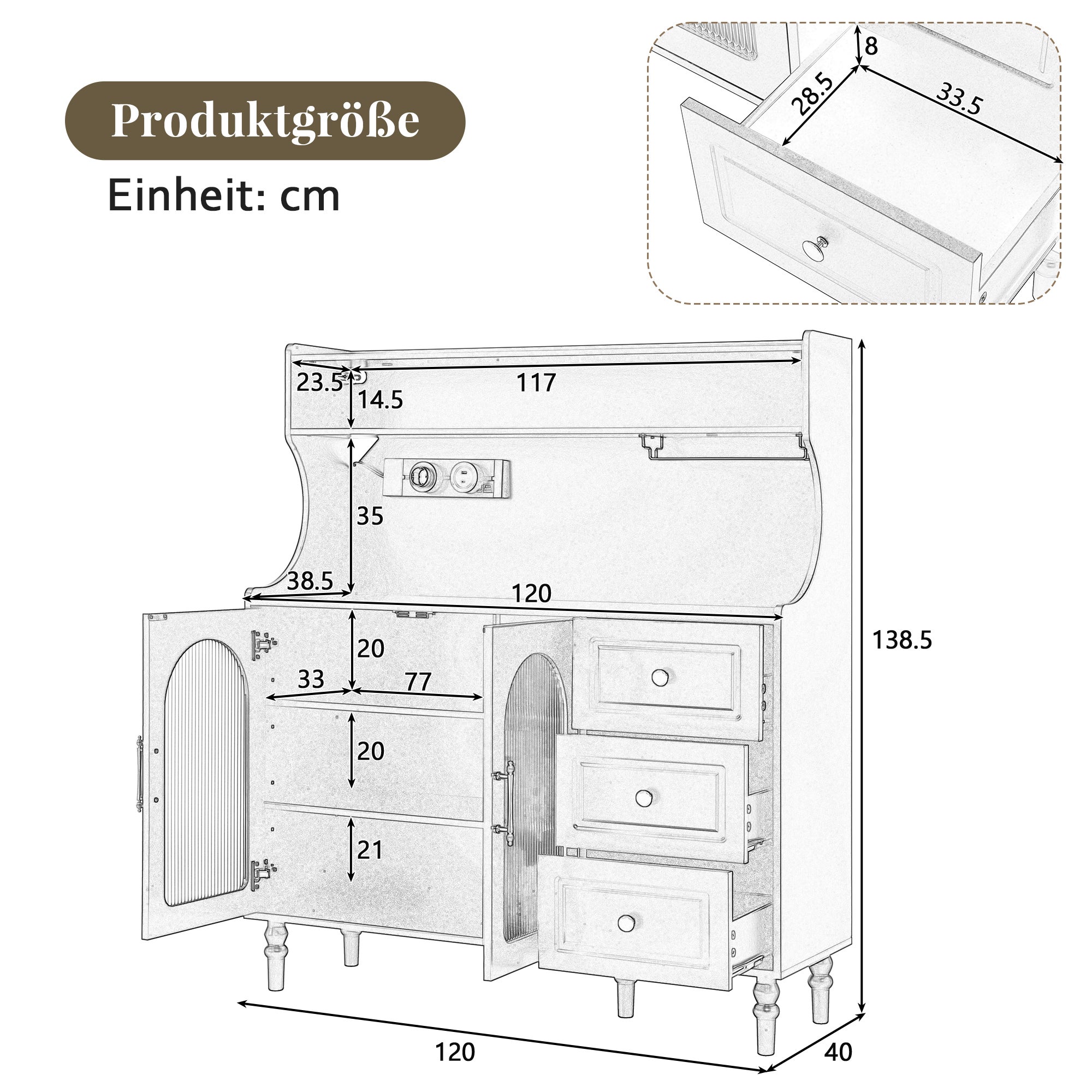 Kredens kuchenny z 2 szklanymi drzwiami, 3 szufladami i portem ładowania - 120 x 40 x 184 cm - Płyta MDF i płyta wiórowa - Regulowane półki - Czarny - 5