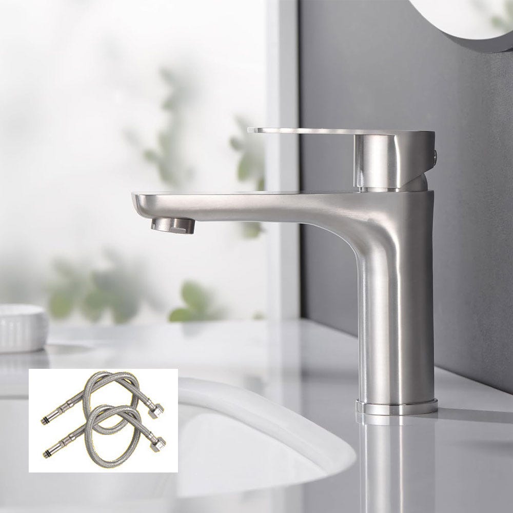 Rubinetto Monocomando Lavabo Bagno - In Acciaio Inox, Con Cartuccia Ceramica E Tubi Inclusi, Colore Argento - Foto 8