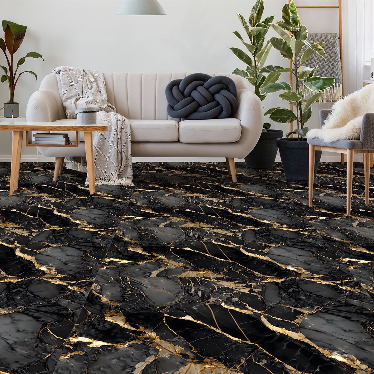Pavimento In PVC Autoadesivo - 54 Piastrelle 30x30 Cm, Copertura 5,02 M², Effetto Marmo Nero, Impermeabile E Antiscivolo