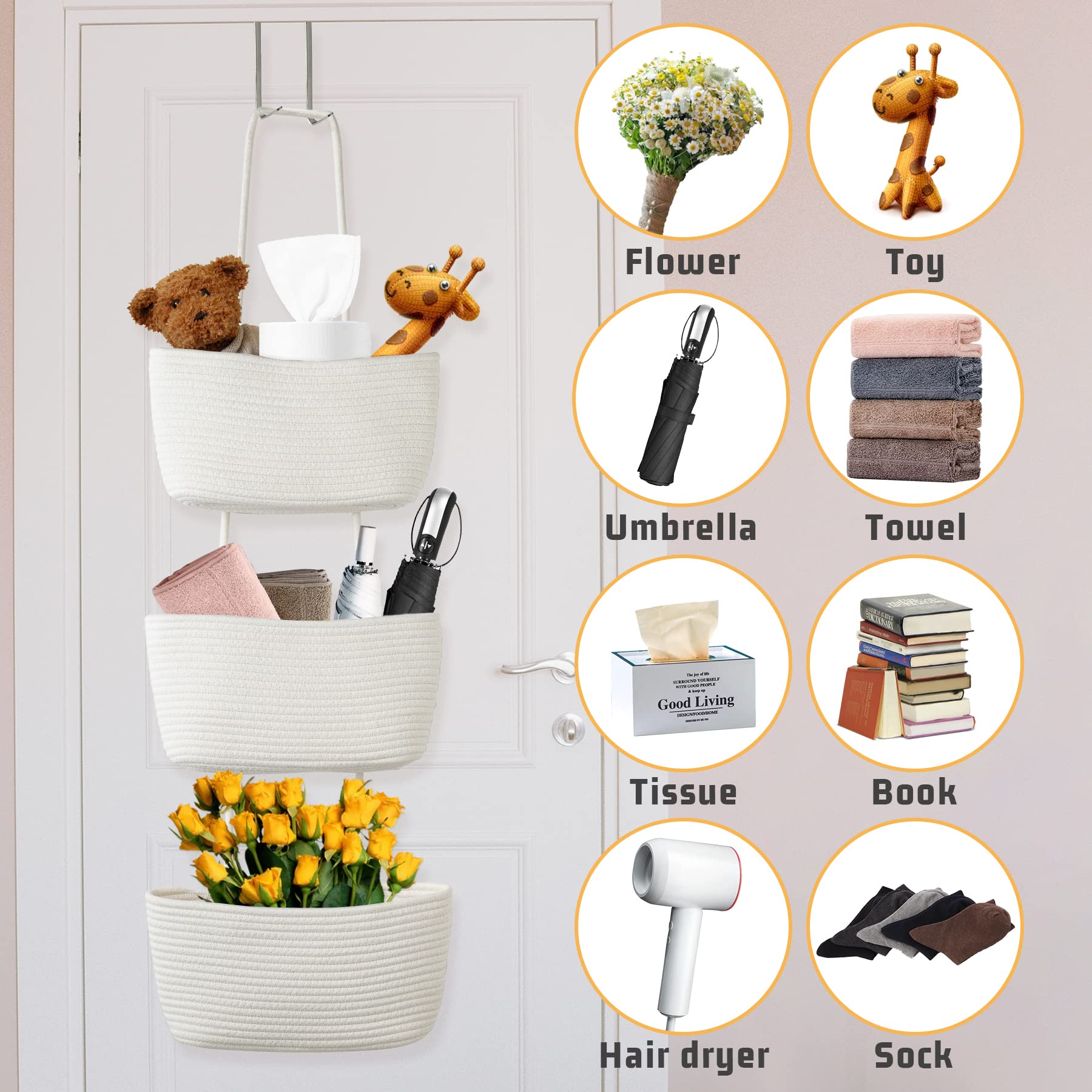 Set Di 3 Cesti Appesi In Corda Di Cotone Con Gancio – Organizer A Muro 110x38 Cm Per Bagno, Cucina, Soggiorno, Giallo