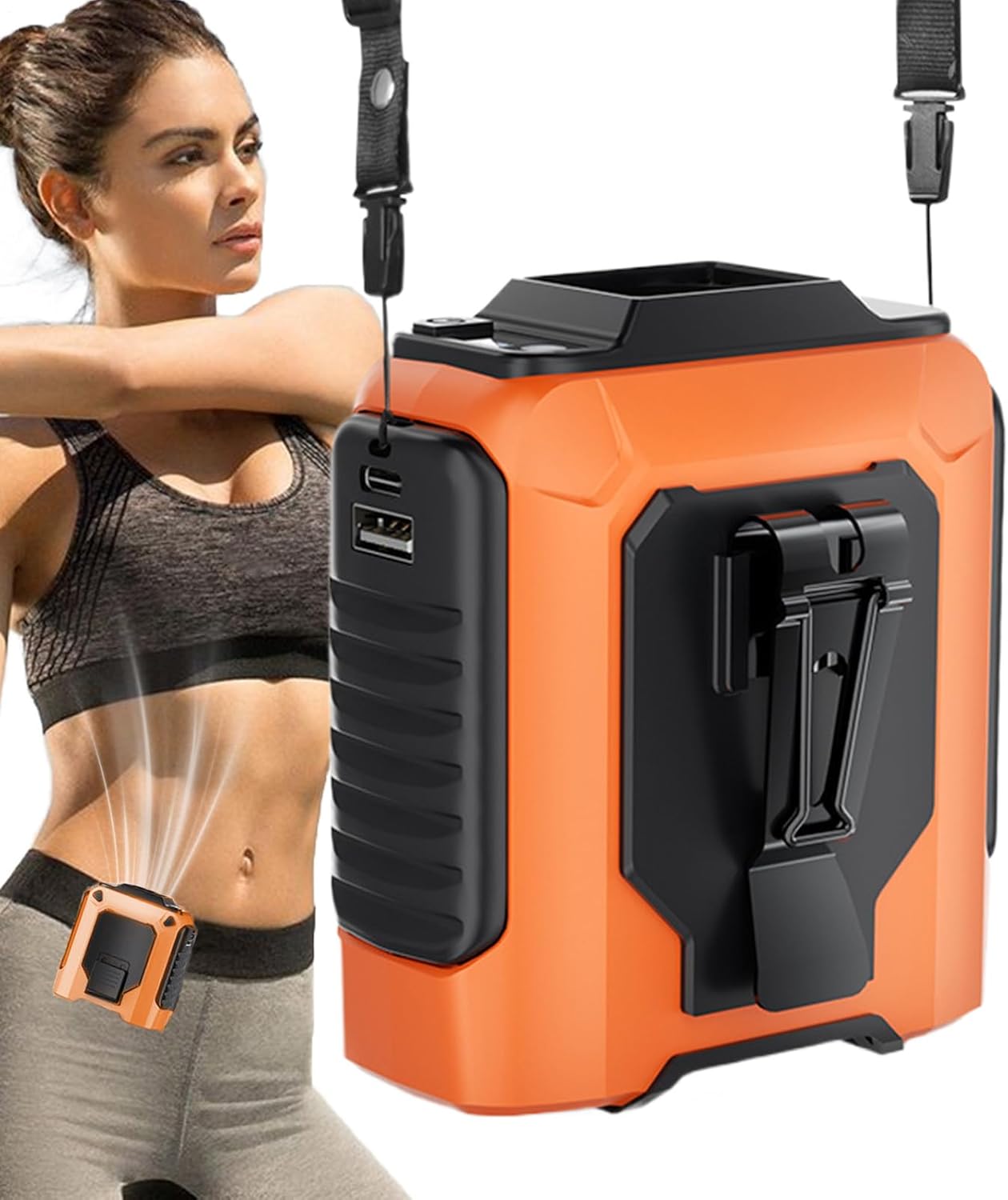 Wentylator do paska, 7200mAh, przenośny, ładowalny, z klipsem do koszuli, wielofunkcyjny system mocnego chłodzenia, pomarańczowy