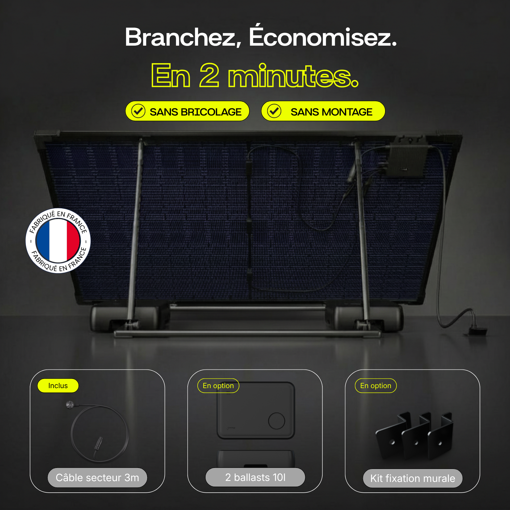 Sunology PLAY - Panneau solaire complet 480W bifacial – Station solaire livrée totalement assemblée – Installation au sol ou au mur - 3