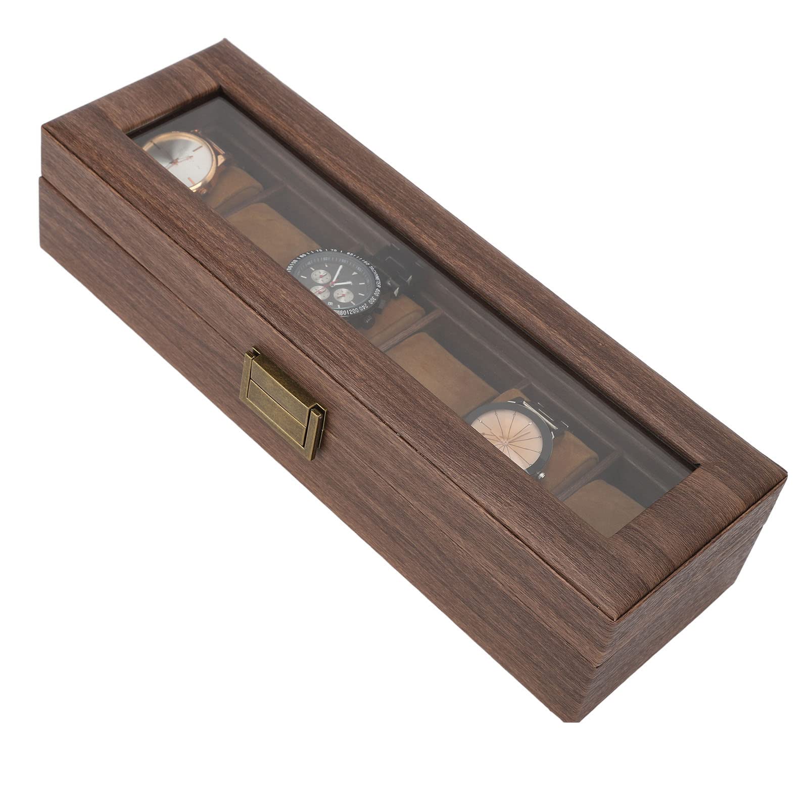 Boîte de rangement pour montres à 6 compartiments en cuir PU grainé de bois, boîte de protection verrouillable pour montres-bracelets - 3
