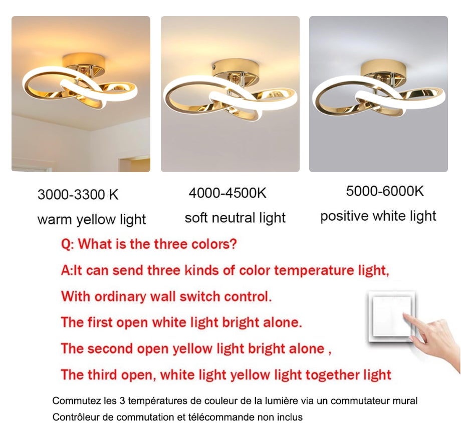 Plafonnier LED, Lustre LED basse consommation, Plafonnier moderne, Luminaire d'allée LED design, 3 températures de couleur (3000K-6000K) - 4