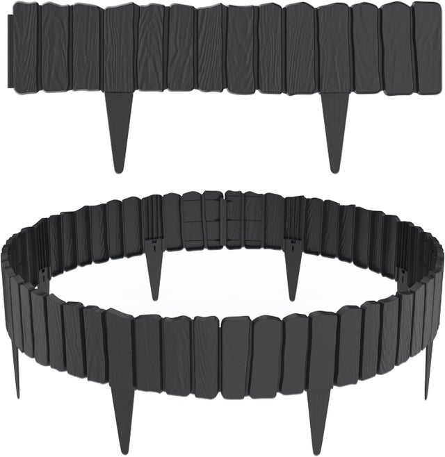 460cm PP Bordure de Jardin Imitation Bois Modulable, Résistante aux Intempéries avec Piquets pour Massif Floral, Potager, Pelouse et Allée, Anthracite