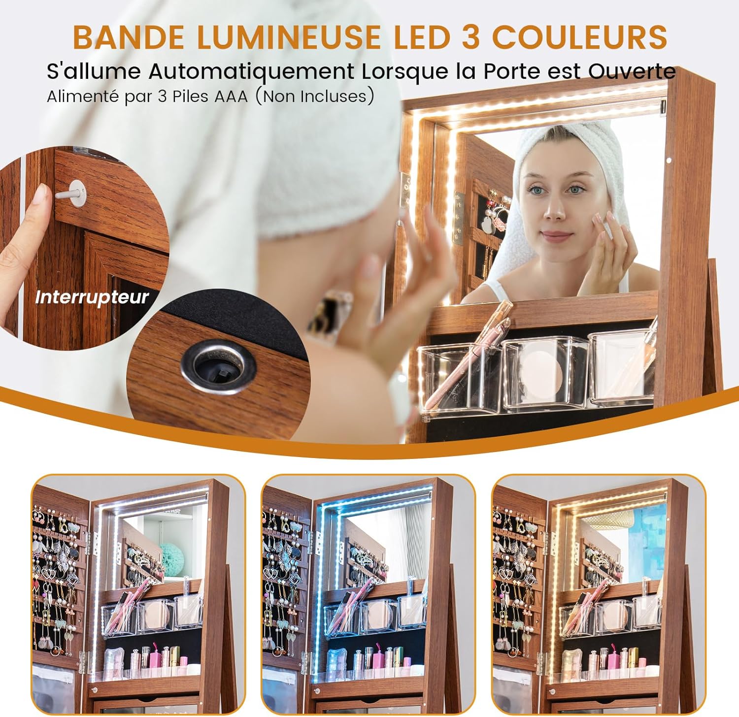 Armoire à Bijoux Pivotante à 360°, Rangement Bijoux Design 3 en 1 , Organisateur de Bijoux, Brun - 3