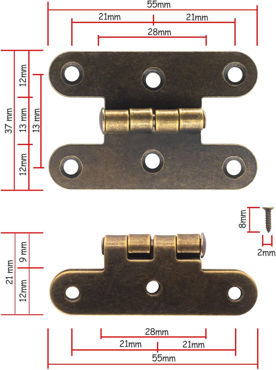 Zestaw 6 klasycznych metalowych zawiasów w kolorze antycznego brązu, 55 x 37 mm - 5
