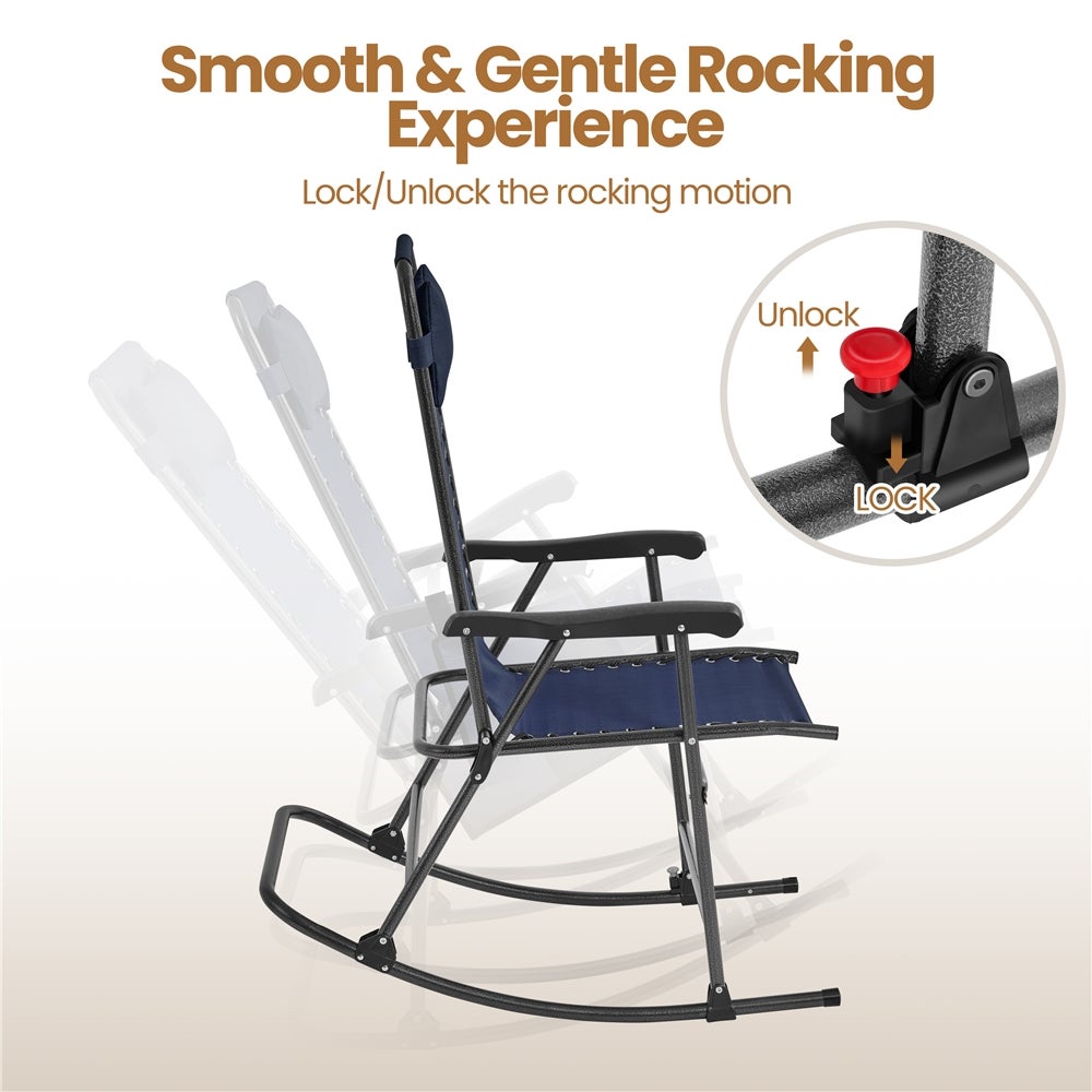 Fauteuil à Bascule Pliant en Toile et Métal avec Têtière Réglable, Poche de Rangement, Bleu Marine Yaheetech - 6
