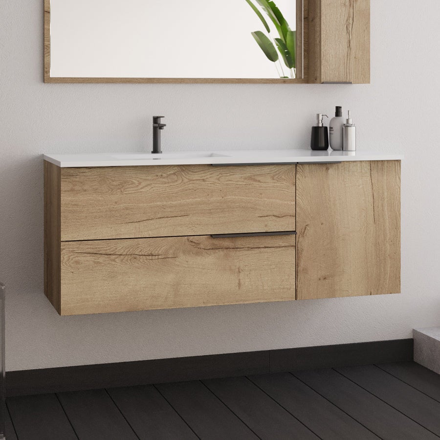 Meuble de salle de bain 120cm vasque déportée - 2 tiroirs - miroir avec armoirette - KING - Roble (chêne clair) - 2