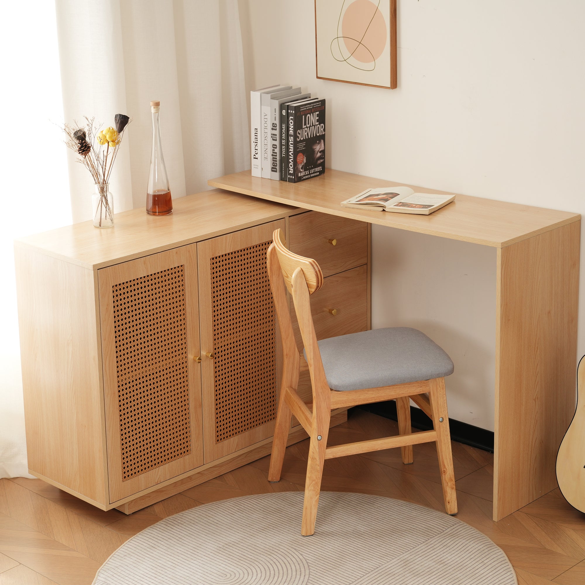 Bureau d'angle avec pivotant 360 degrés, portes en rotin, 3 tiroirs, MDF couleur naturelle - 2