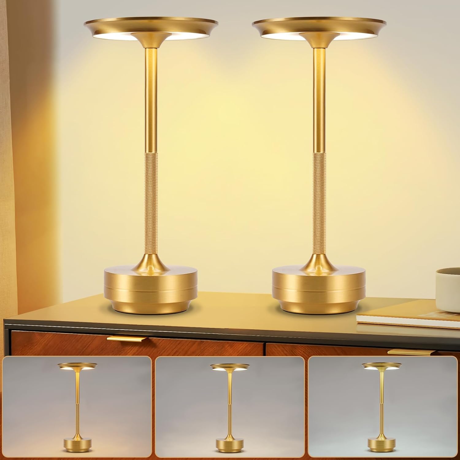 ZMH Lampka nocna zasilana bateryjnie, bezprzewodowa, ściemnialna, dotykowa lampa stołowa LED, zestaw 2 sztuk z akumulatorem ładowanym przez USB