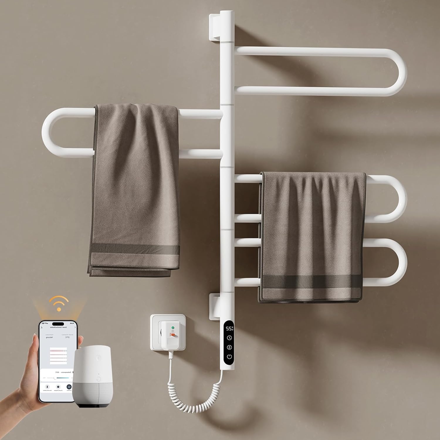 EMKE Calorifer baie portprosop electric inteligent, pivotant 180°, 78 x 43 cm, 130 W, Wi-Fi, programare săptămânală, control vocal, alb