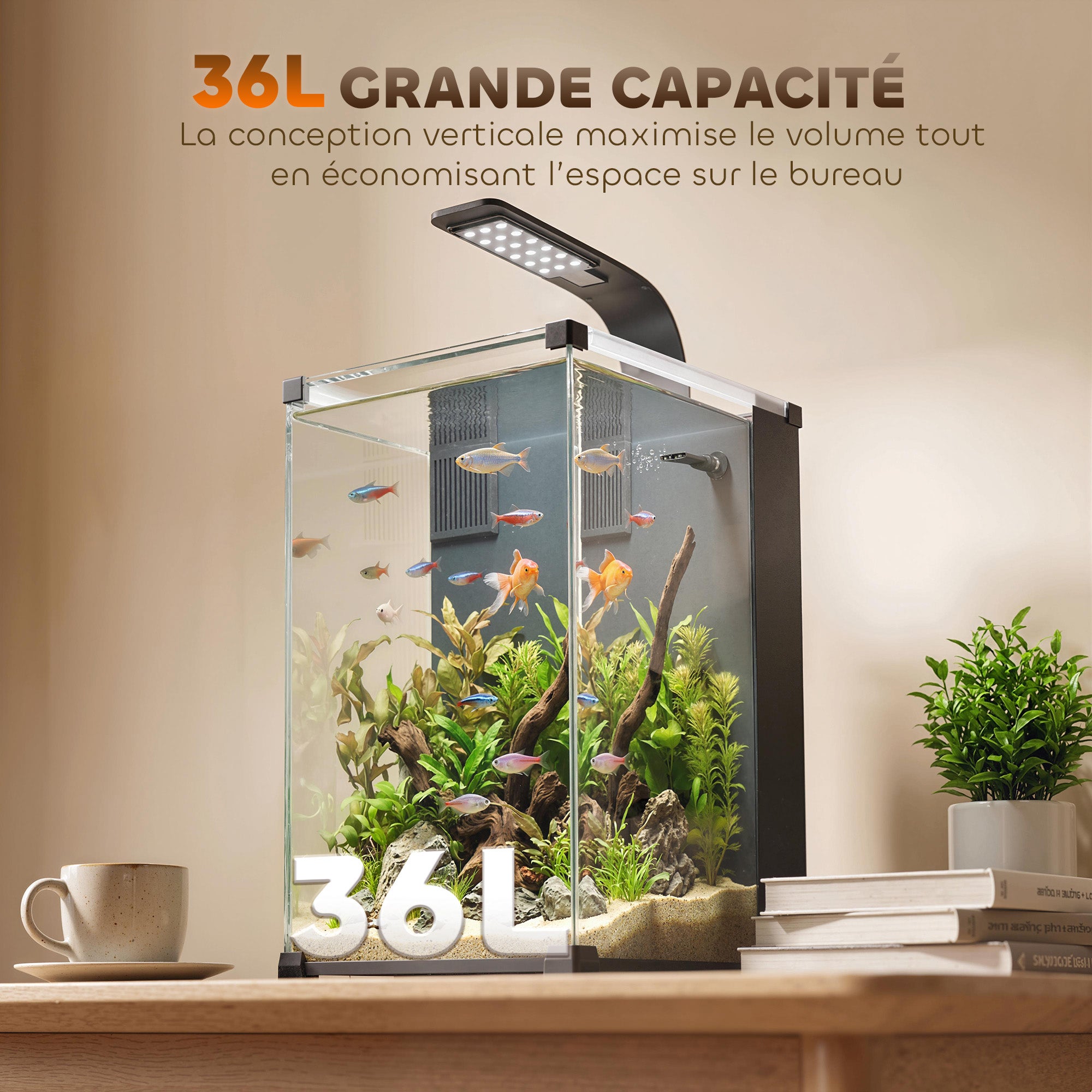 Nano acuario de cristal templado con filtro integrado, bomba de 5 W e iluminación LED, 30x30x45 cm, negro. - 7