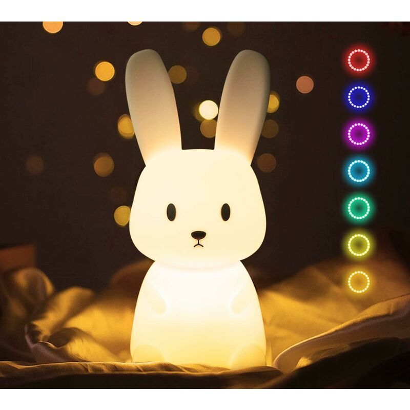 Veilleuse bébé lapin avec 7 lumières rechargeable USB fonction minuterie lampe de chevet pour chambre d'enfant cadeau - 3