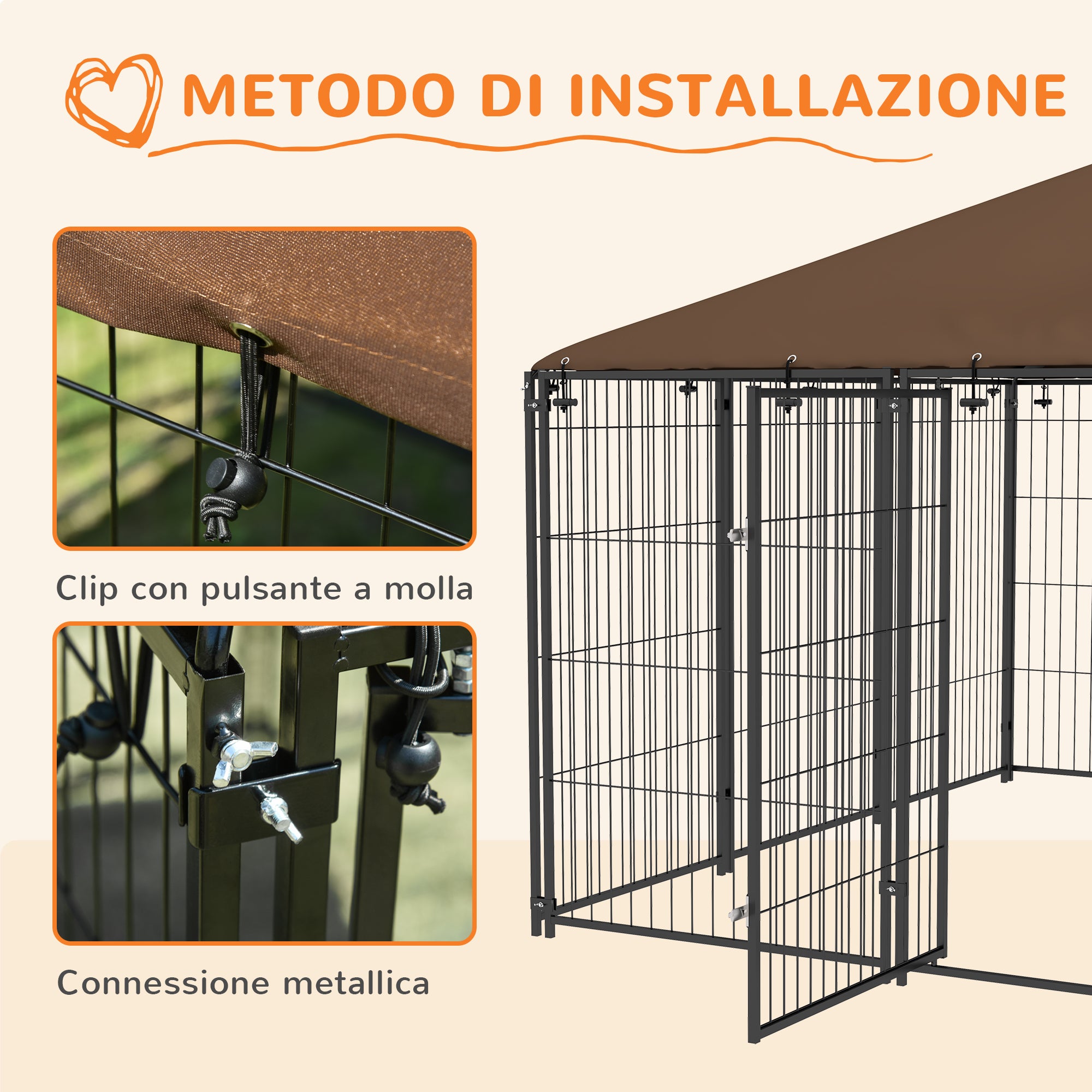 PawHut Recinto per Cani in Metallo e Tessuto Oxford con Porticina per Ciotole, 211x211x151 cm, Nero e Marrone - 7