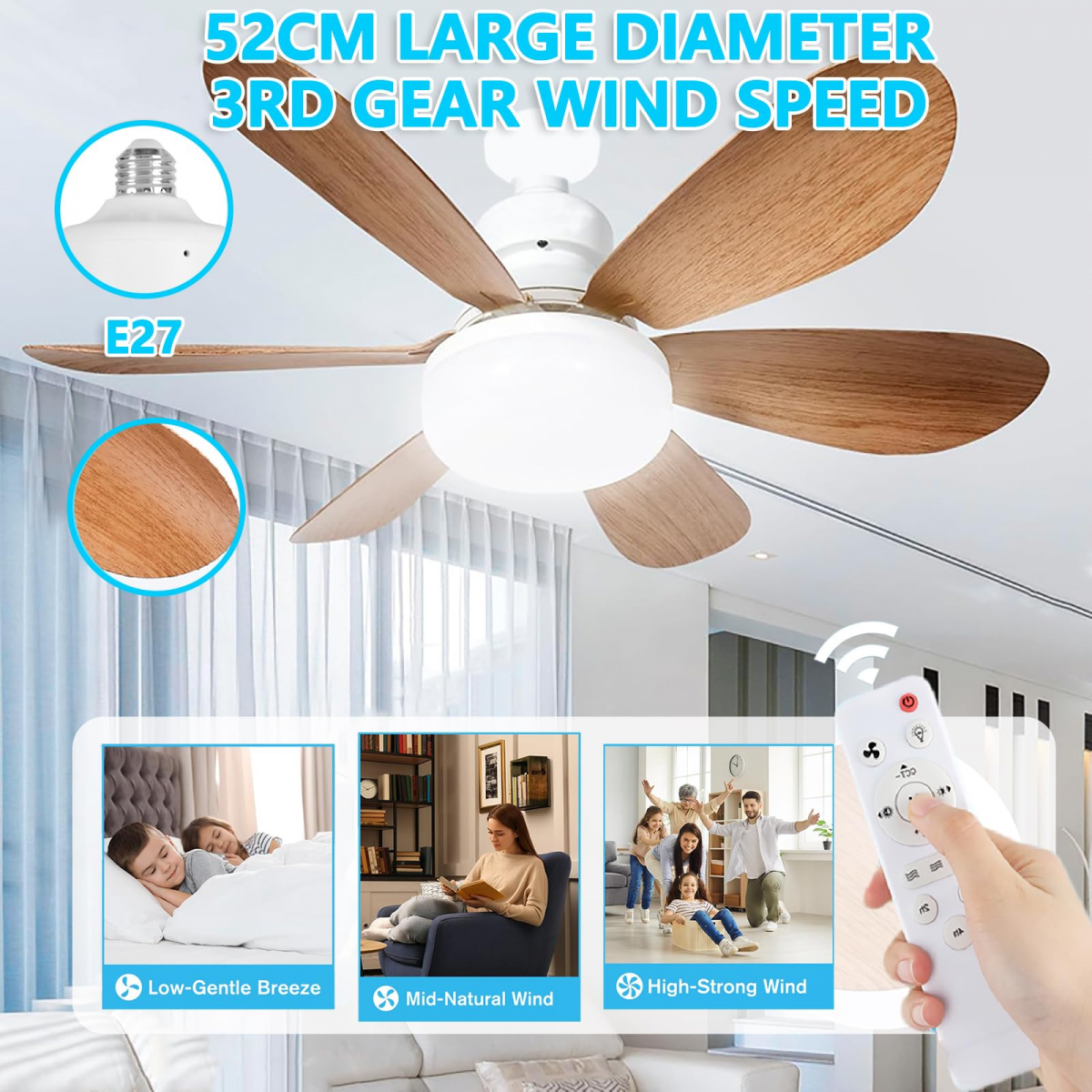 Ventilateur de plafond avec éclairage et télécommande, 40 W, 3&nbsp;000 K-6&nbsp;500 K, 3 vitesses, silencieux, minuterie, pour salon, chambre et salle à manger - 4