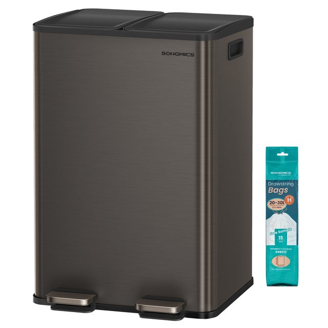Cubo de Basura de Cocina, 2 x 30 L, 2 Compartimentos, Papelera de Pedal, Acero Inoxidable, Gris