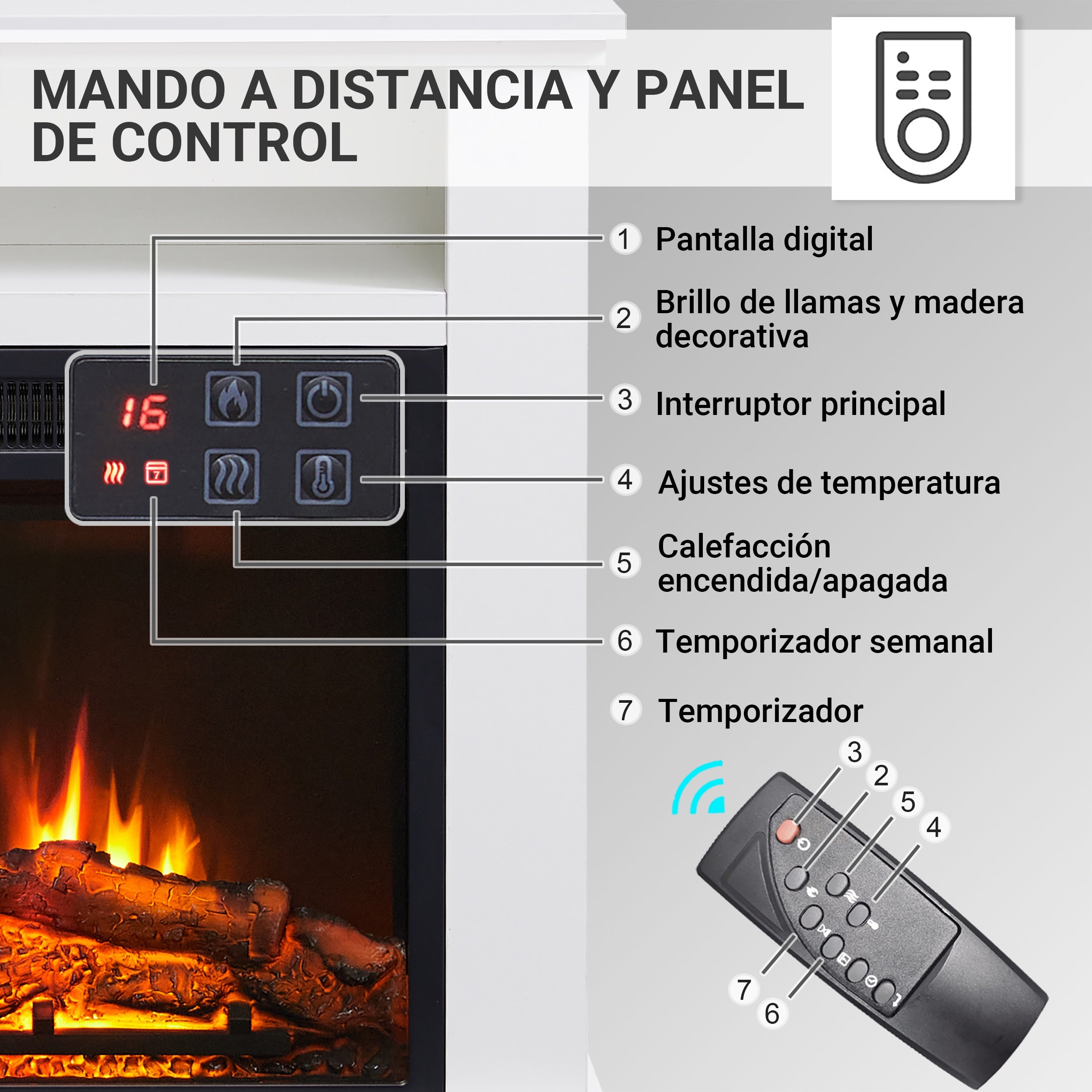 Cheminée électrique BALDERIA Frida - Cheminée sur pied, effet flammes 3D, 2000 W - Blanc - 4