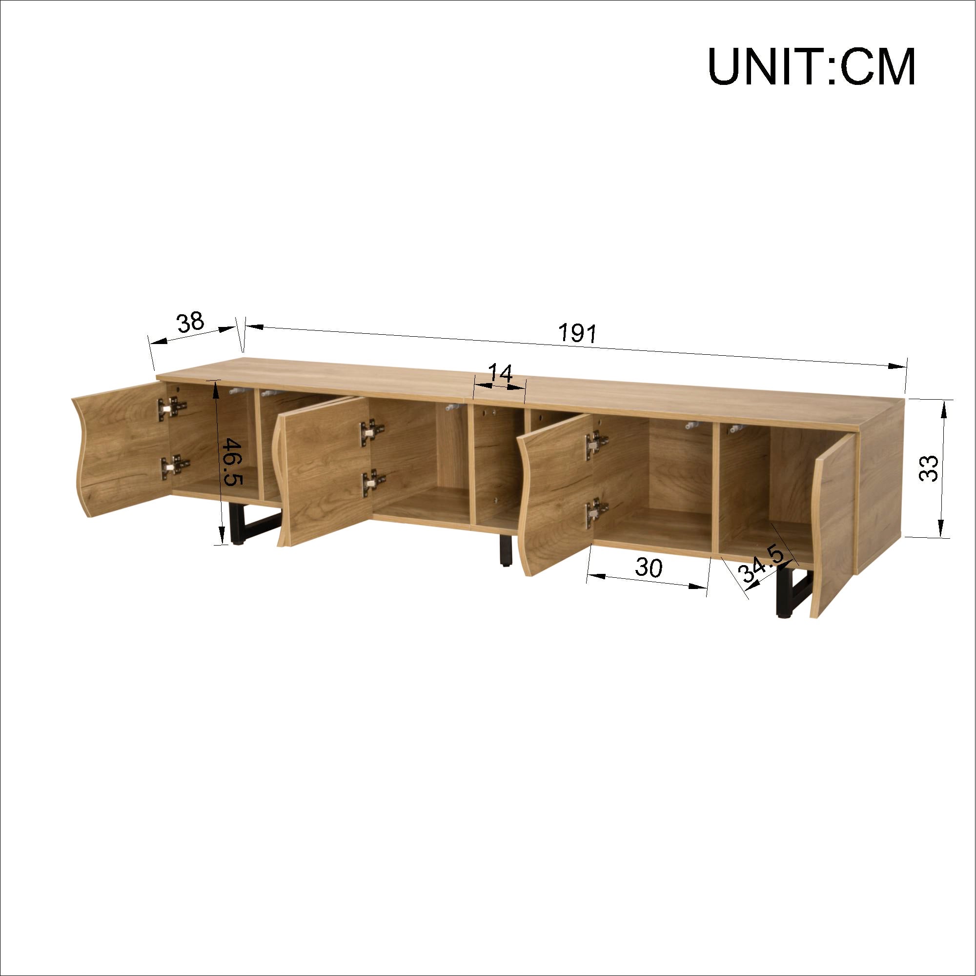 Stolik pod TV z 5 drzwiami i otwartymi przegródkami - 191 x 38 x 46,5 cm - Płyta wiórowa + MDF - Naturalny - 4