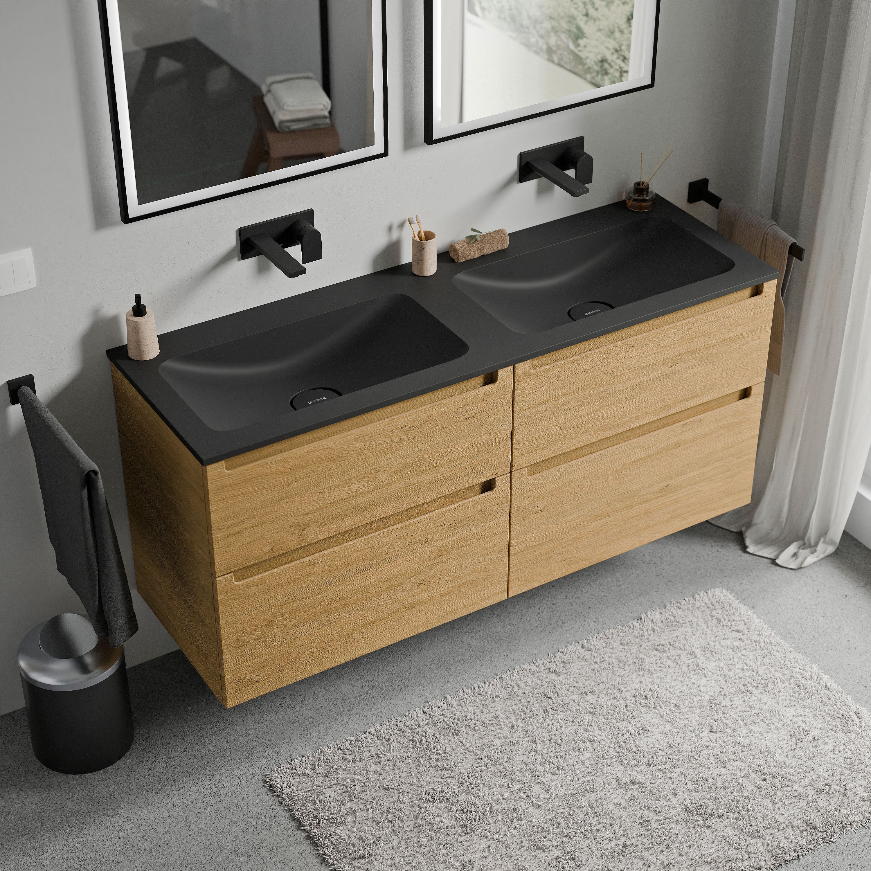 BERNSTEIN - Meuble double vasque suspendu MDF Chêne miel, lavabos fonte Noir mat sans trou robinet, tiroirs pivotants - 140x46x62cm - VIREO - 2