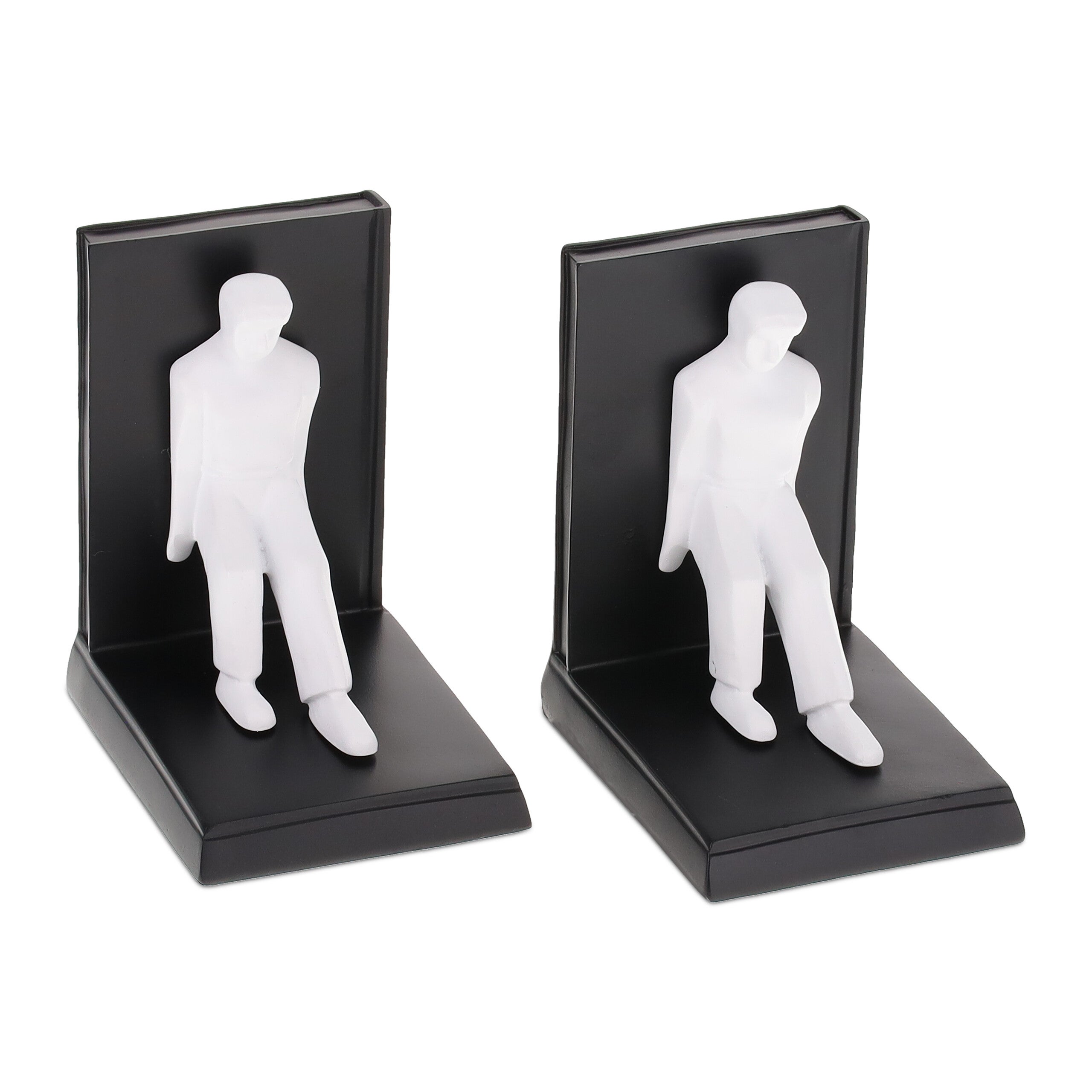 Relaxdays set 2 sujetalibros, forma persona apoyada, 14,5x12x9,5 cm, soportes libros, polirresina, negro y blanco