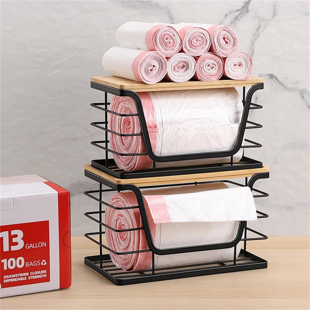 Organizador de cocina de 2 piezas, soporte apilable para bolsas de basura, organizador bajo fregadero, estante de pared