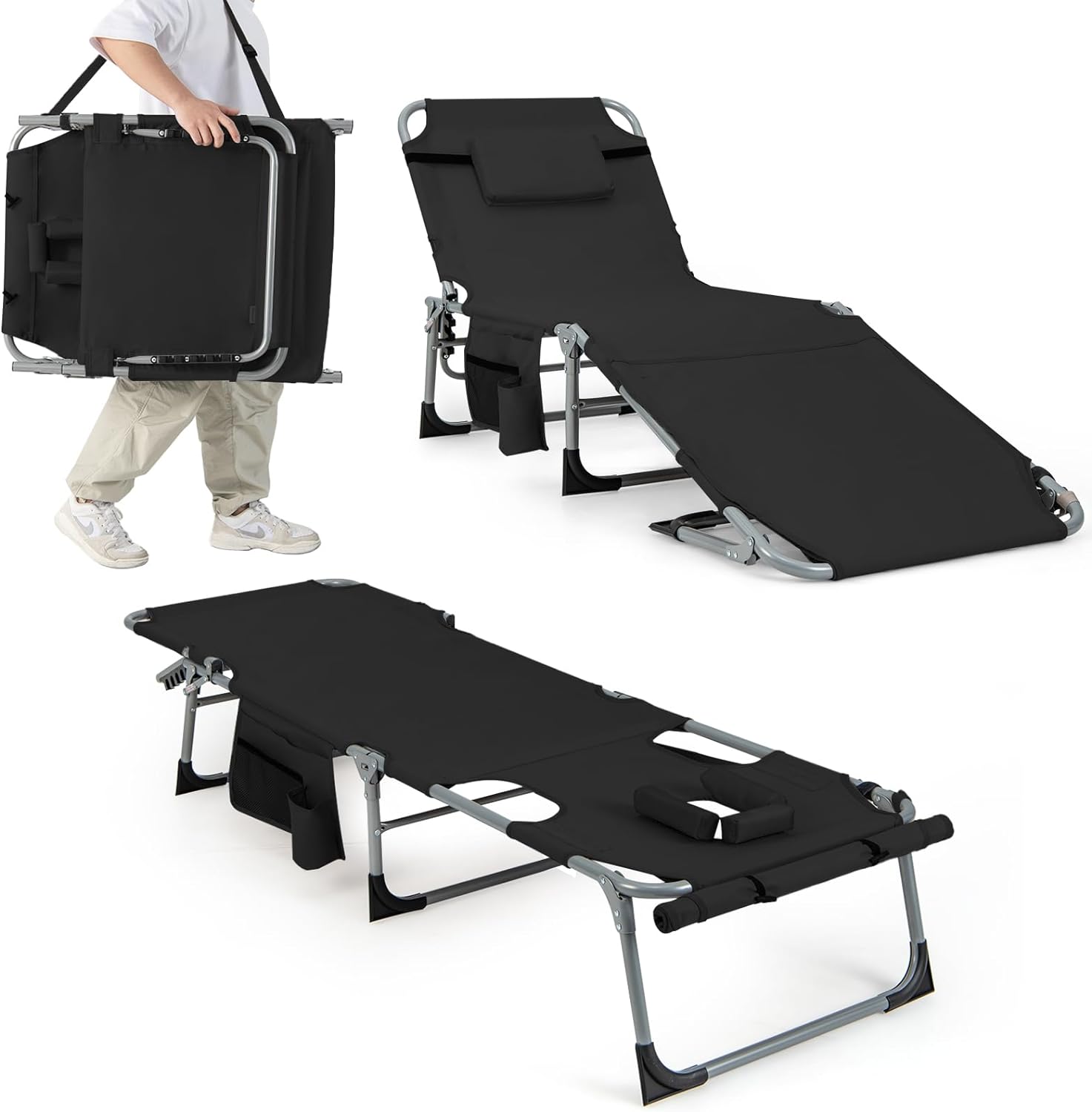 Leżak do opalania z otworem na głowę i ramiona, składany leżak ogrodowy z regulowanym oparciem i podnóżkiem,leżak na plażę, do ogrodu, (czarny)