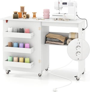Table De Couture Pliable Avec Station De Charge - 116x41x78 Cm - Roues Verrouillables - Étagères & Rangement - Bois/Métal