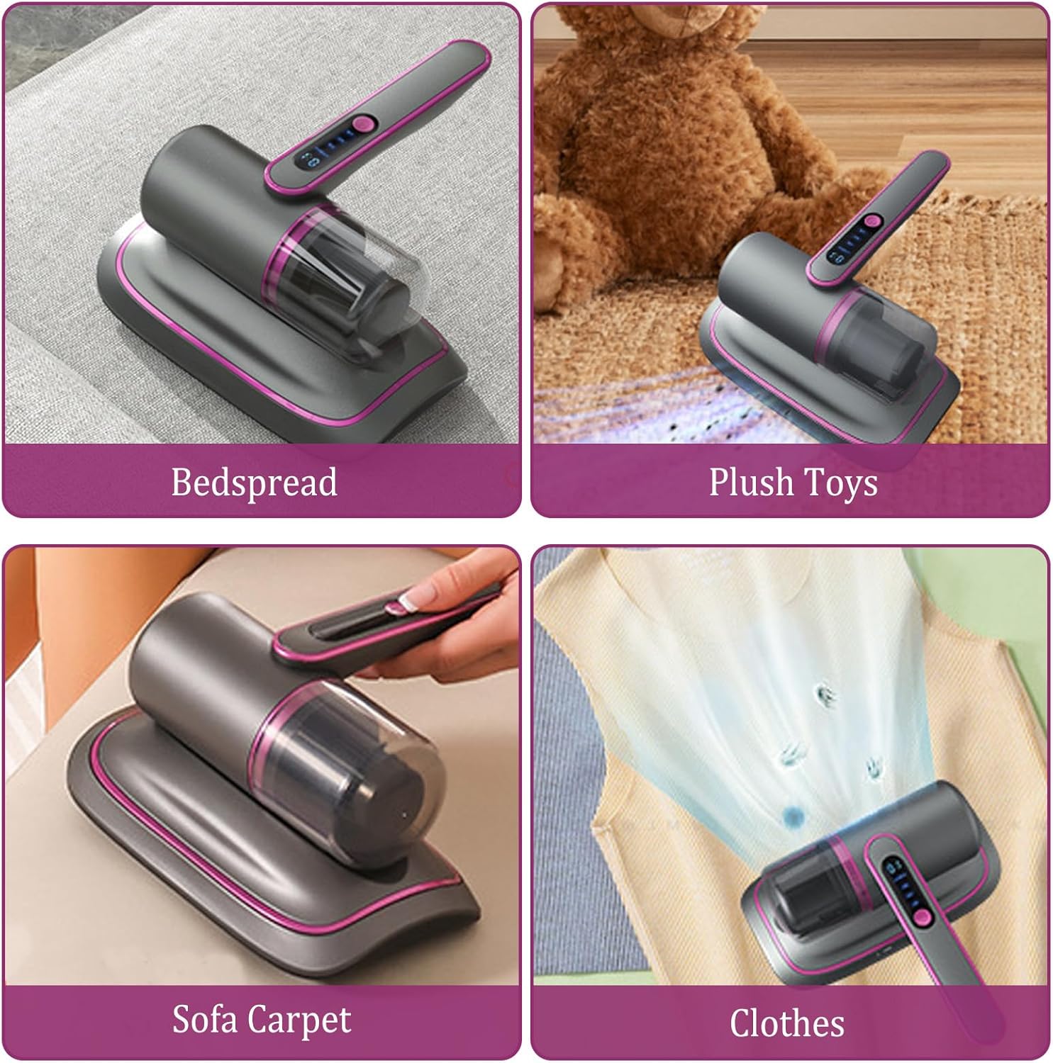 Aspirador portátil antiácaros para colchões, 12Kpa sem fio, detector de poeira com luz UV-C, 2 velocidades ajustáveis (roxo) - 6