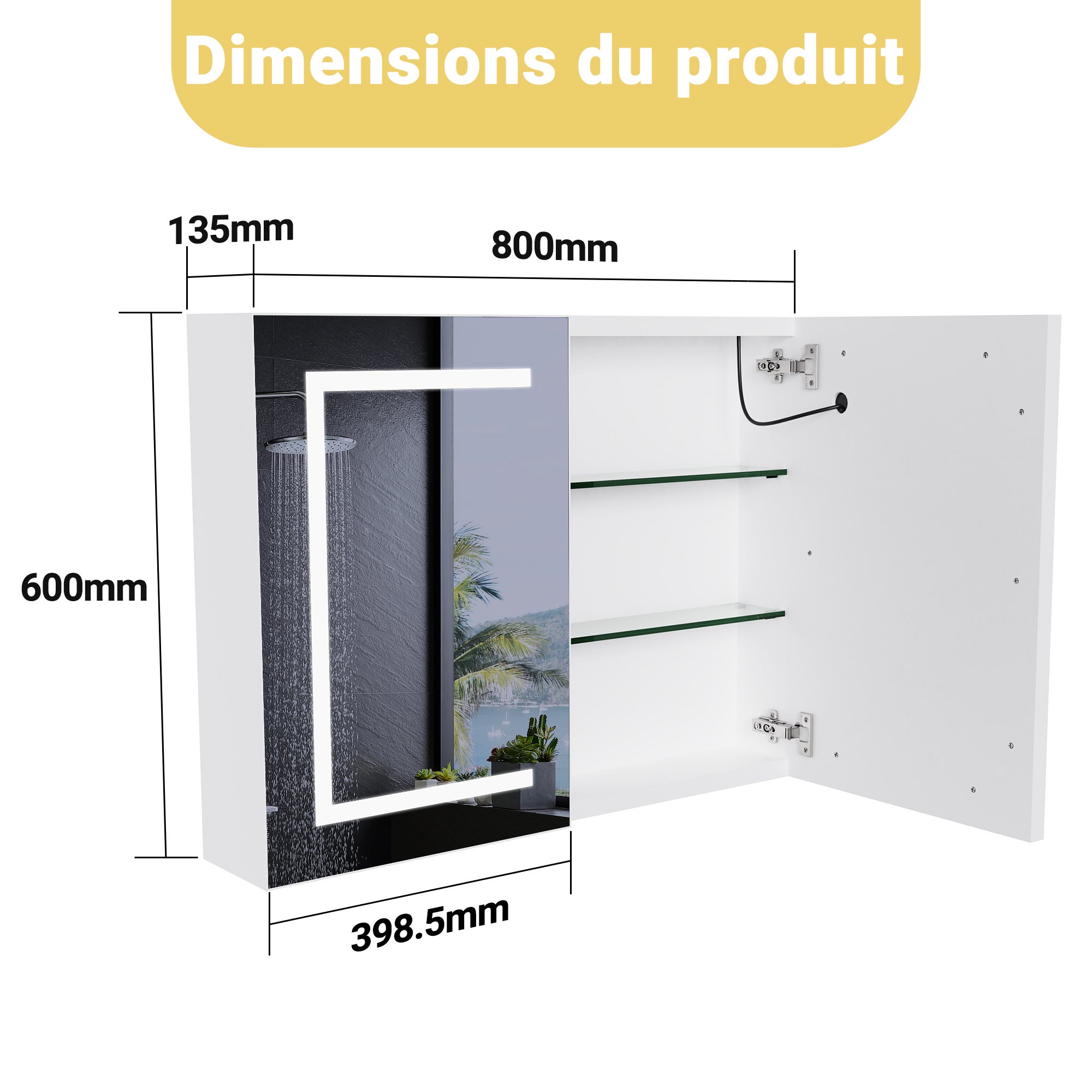 Armoire led 2p de toilette lumineuse, 80x13,5x60 cm, Armoire de salle de bain avec miroir, Interrupteur tactile, Étagère réglable, Dimmable, Blanc - 6