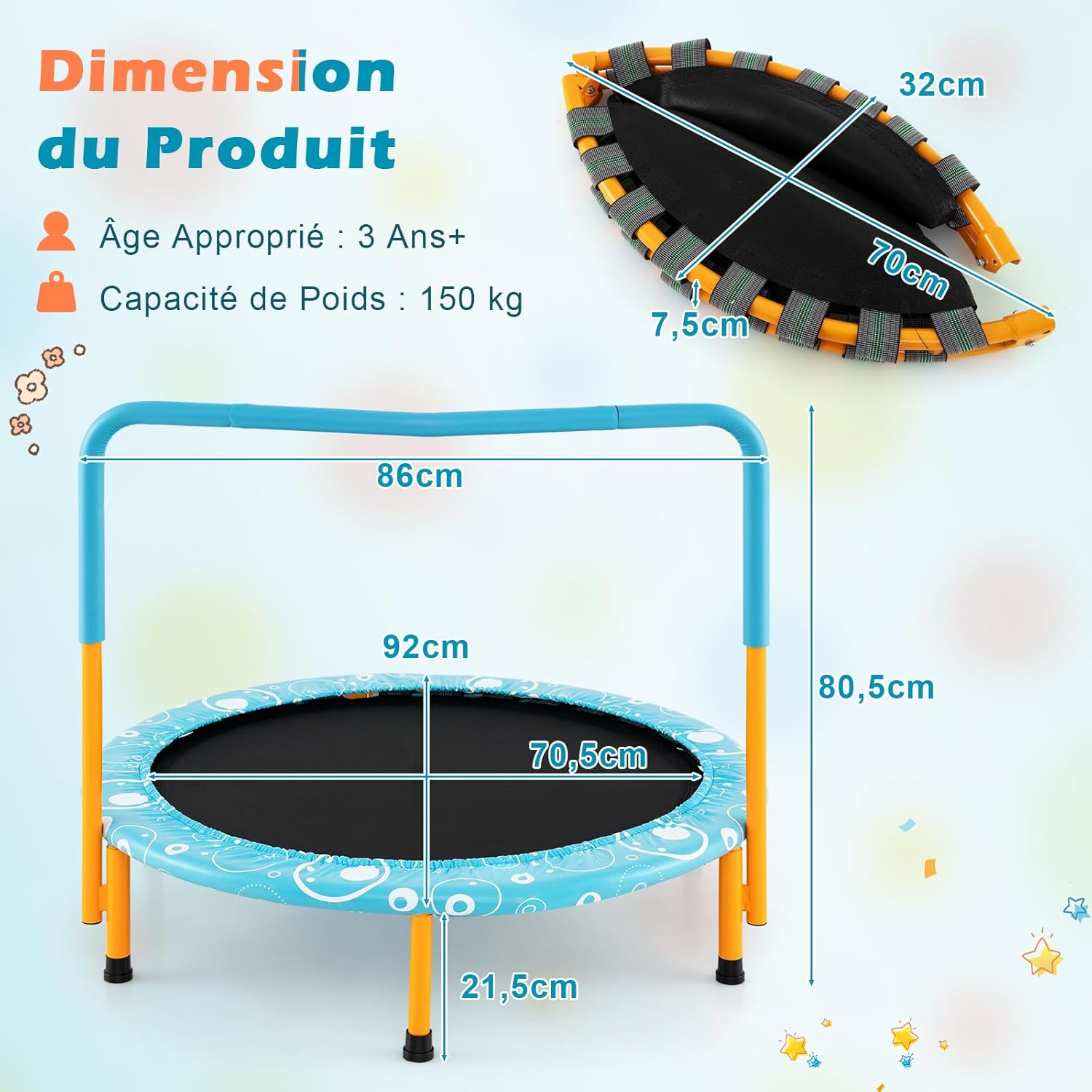 Składana Trampolina Zewnętrzna dla Dzieci z Pokrowcem Zabezpieczającym, Ø 92 cm, Wewnętrzna/Zewnętrzna, Obciążenie 150 kg, Niebieska, Okrągła - 7