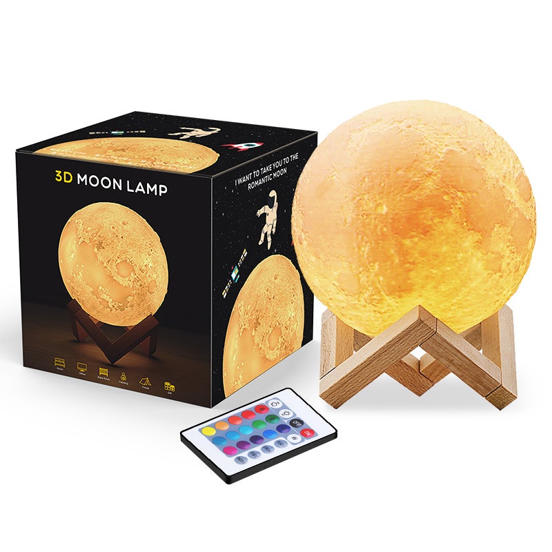Lampa księżycowa LED 3D, 16 kolorów RGB, sterowana dotykowo i zdalnie, ściemniana, 15 cm lampka nocna z drewnianą podstawką i ładowarką USB w zestawie