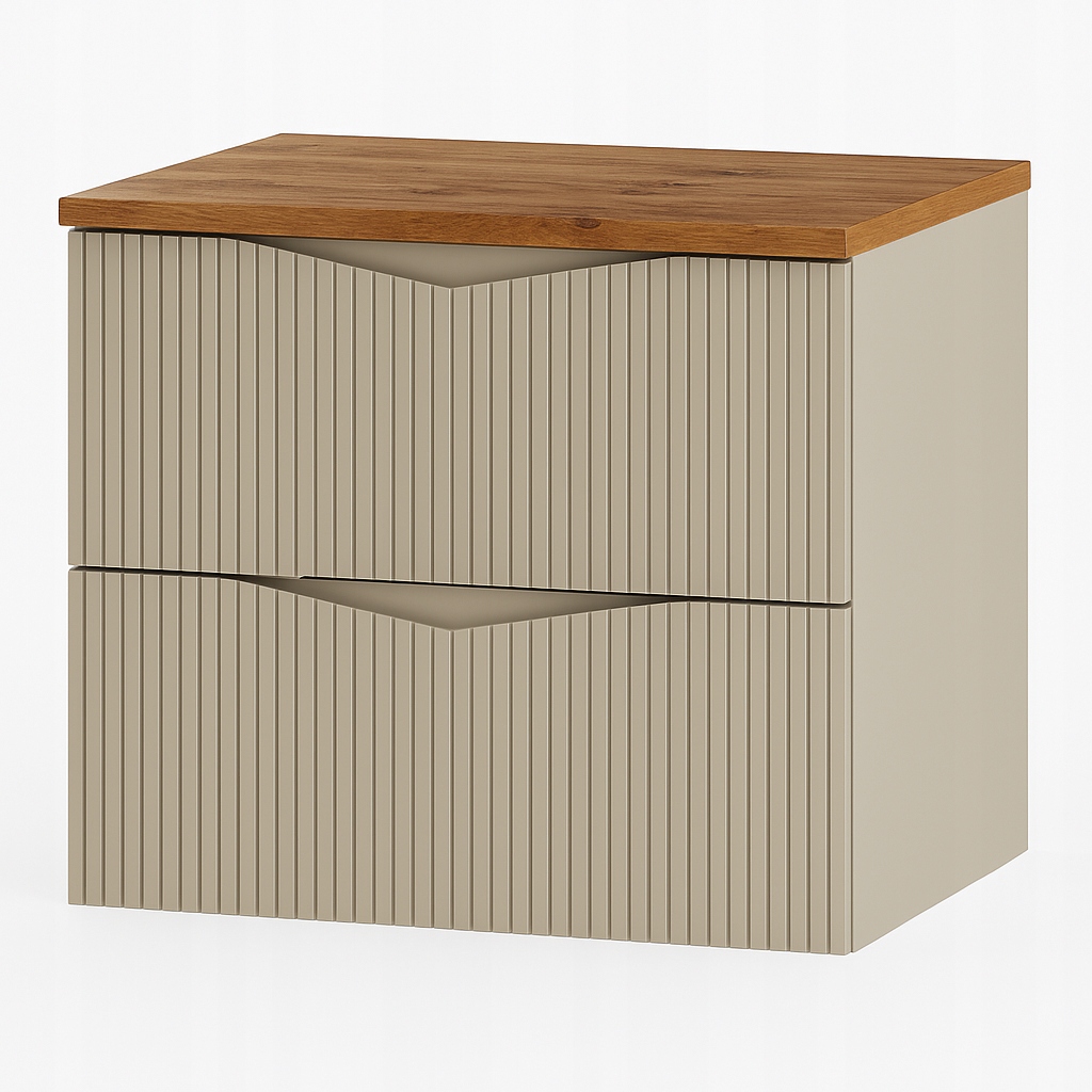 Szafka łazienkowa CLEO 60 cm beżowa z blatem dąb wotan wisząca ryflowane fronty MDF