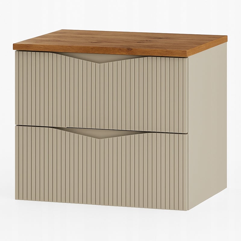 Szafka łazienkowa CLEO 60 cm beżowa z blatem dąb wotan wisząca ryflowane fronty MDF