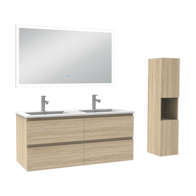 Ensemble meubles Salle de Bain 120cm double vasque + colonne + miroir lumineux Chêne Wotan - OCEAN