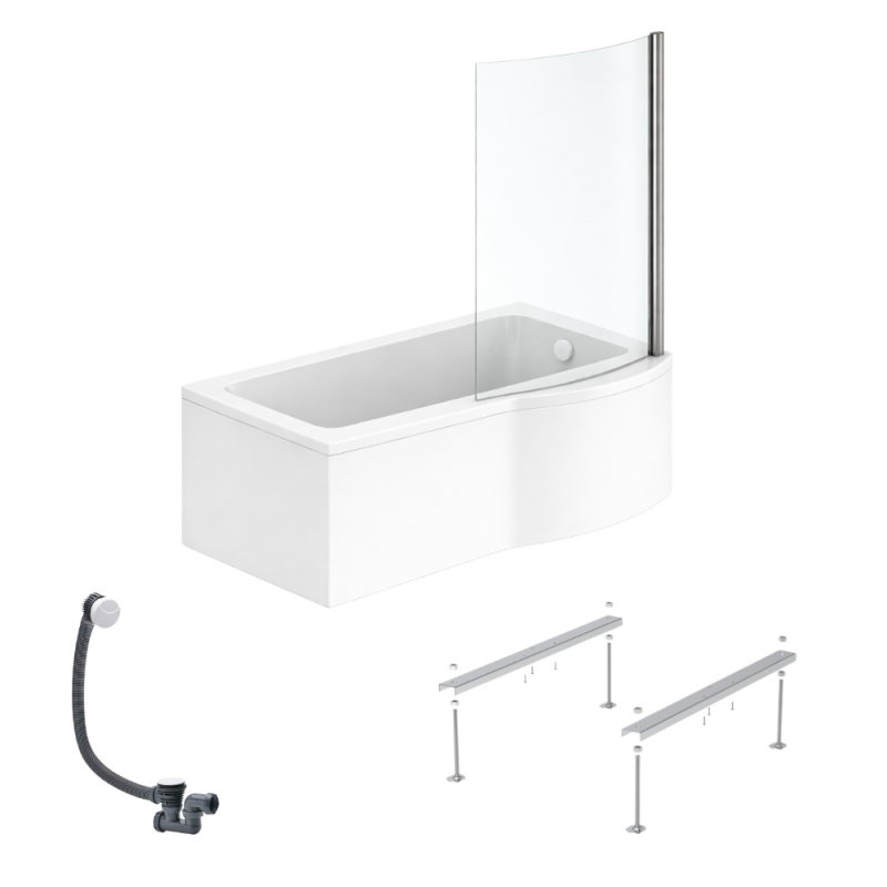 Ideal standard connect air 150 x 80 cm, conjunto para bañera/ducha derecha + delantal + mampara fija + patas + desagüe, blanco