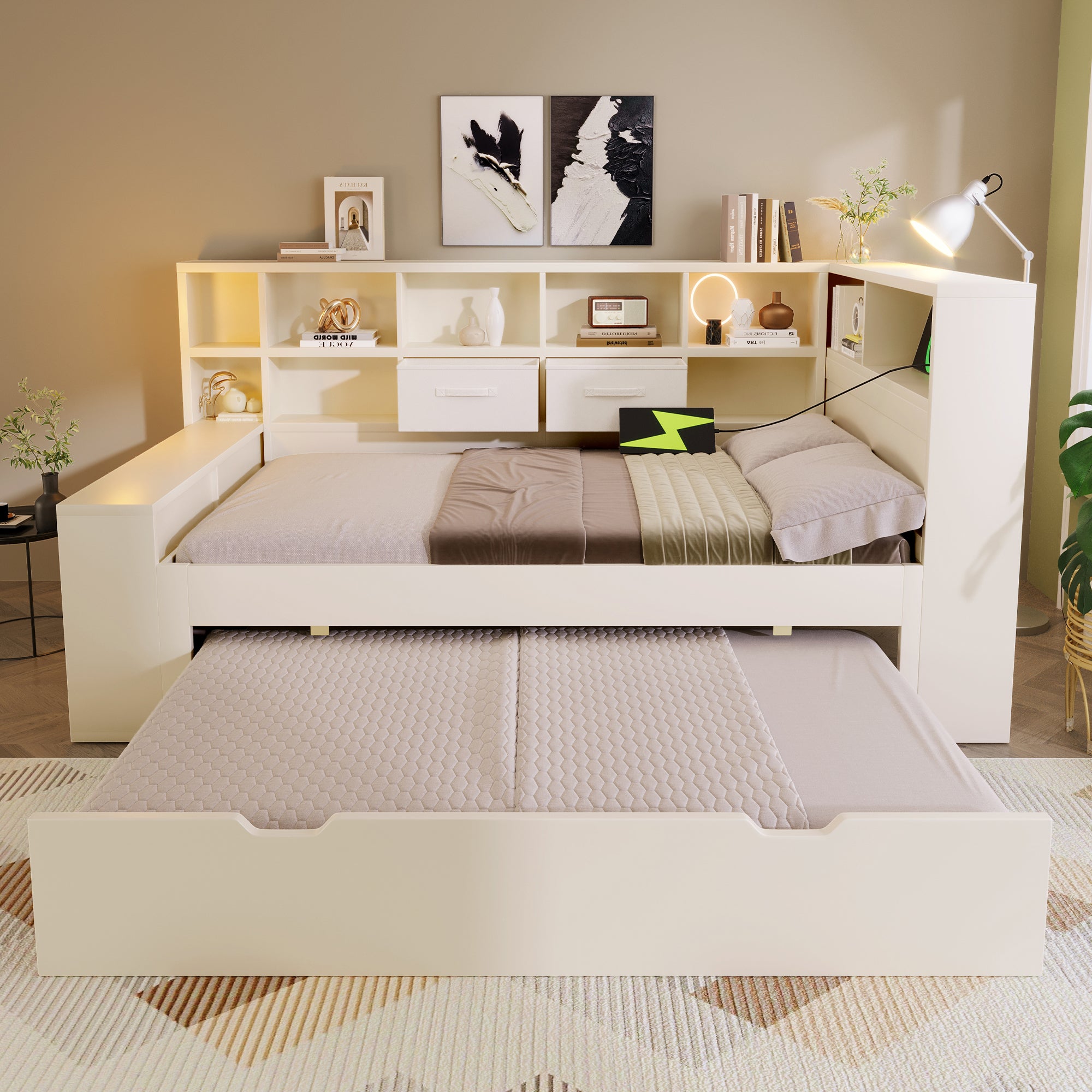 Łóżko wysuwane 90 x 200 cm z 2 szufladami i przegródkami – sosna + płyta wiórowa – ładowanie USB/typu C – białe (materac nie jest wliczony w cenę) - 9