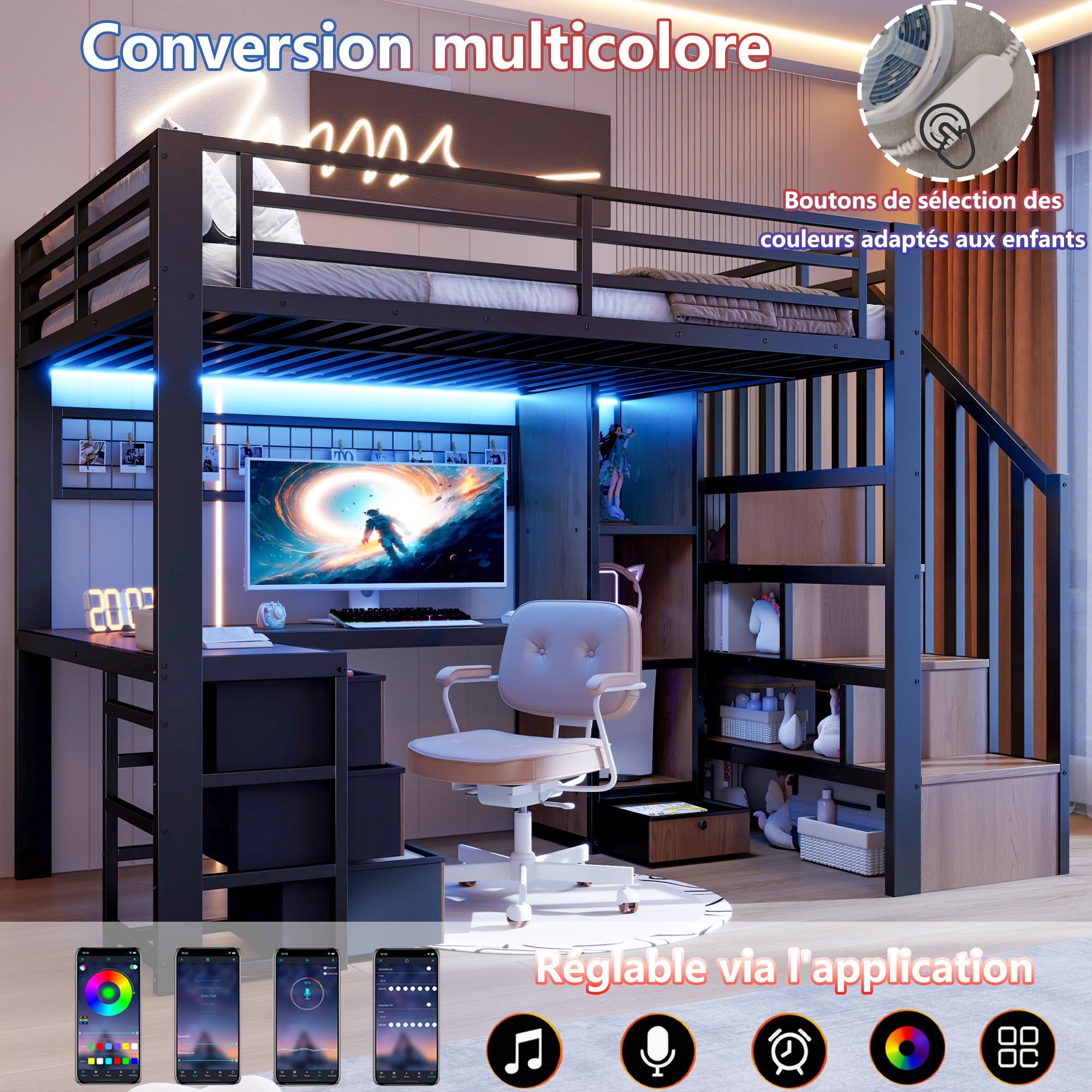 Lit mezzanine 90 x 200 cm avec bureau intégré, Lit simple structure en fer avec penderie LED, 4 tiroirs et escalier de rangement, sans matelas, Noir - 6