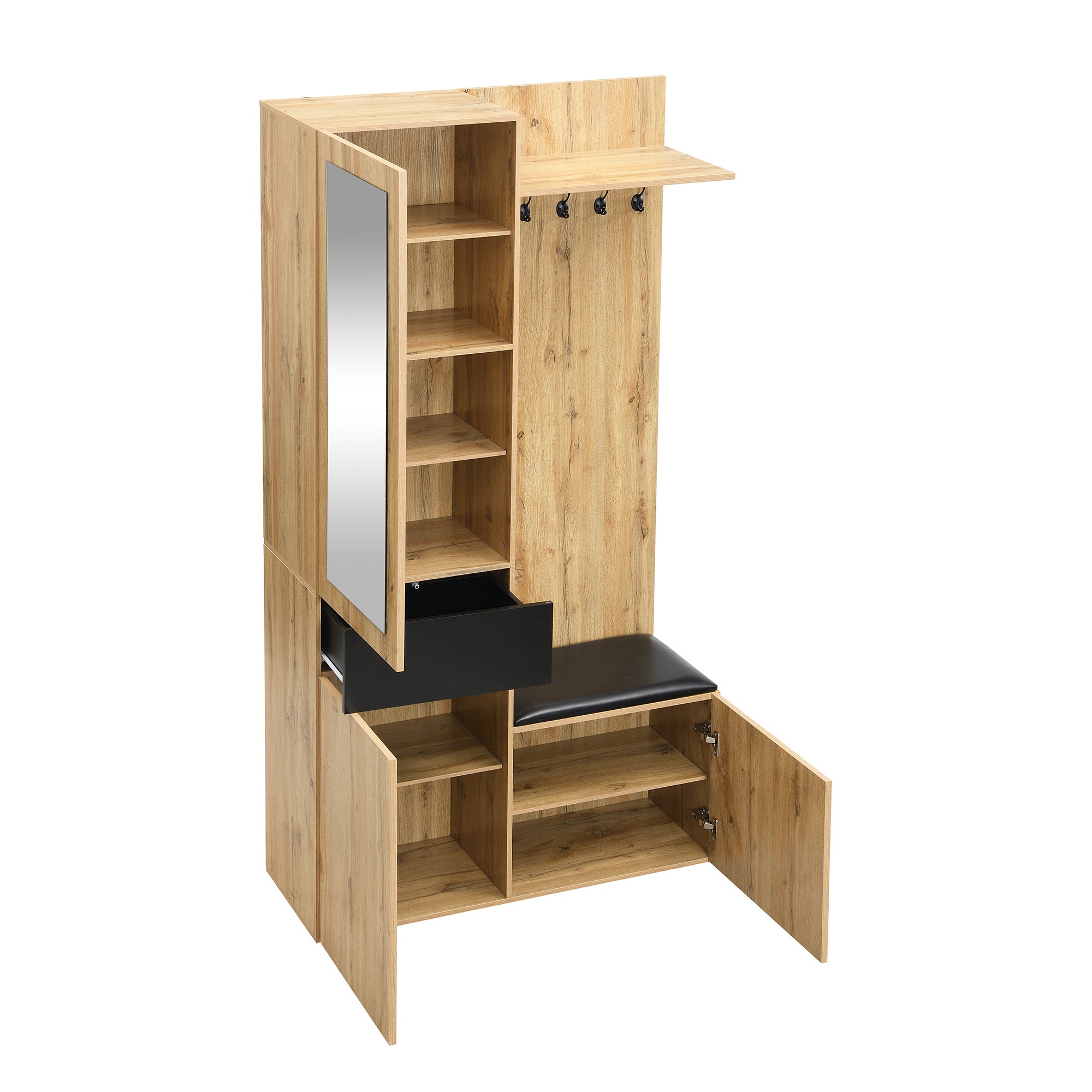 Ensemble meuble à chaussures avec banc + miroir + porte-manteau - 98,5 L x 38 l x 191 H cm - 3 portes et 1 tiroir - MDF - Naturel + noir - 9