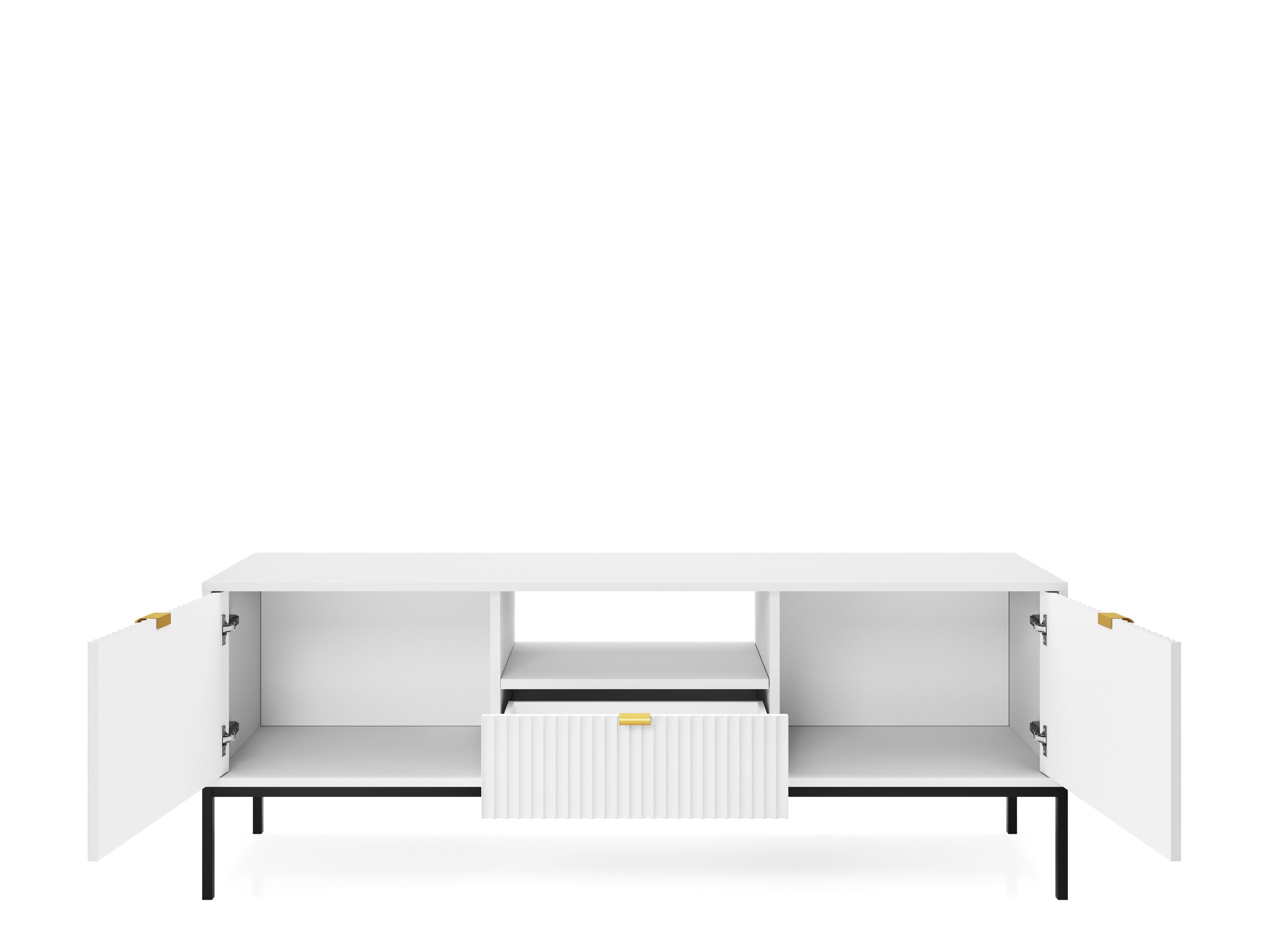 Szafka TV: 1 szuflada, biały, stelaż czarny, 154 x 56 x 39 cm, uchwyty złote - 3