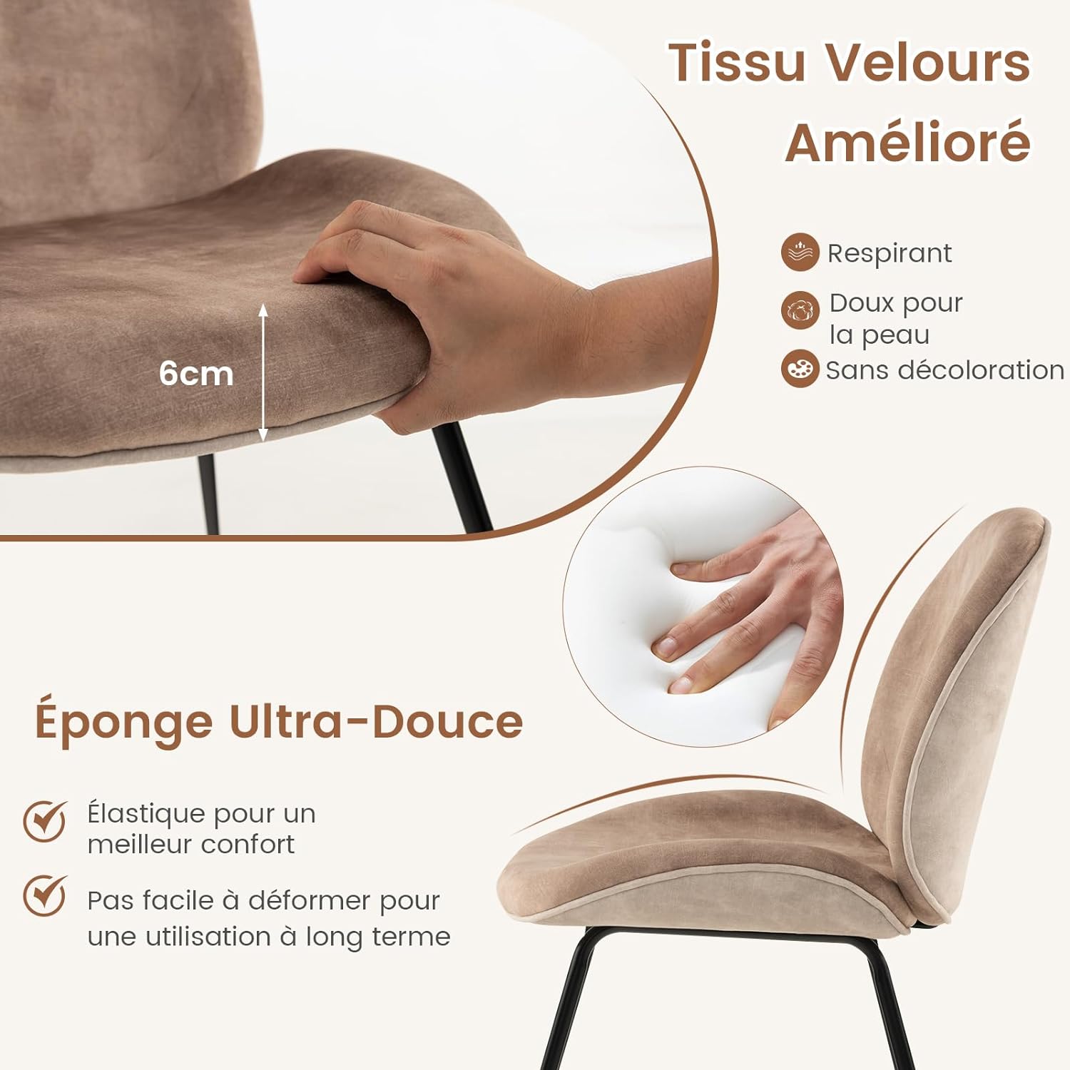 Set di 2 Sedie da Pranzo, Set di Sedie da Cucina in Velluto con Base in Metallo, Sedia Moderna Imbottita per Sala da Pranzo, Soggiorno e Camer - 3