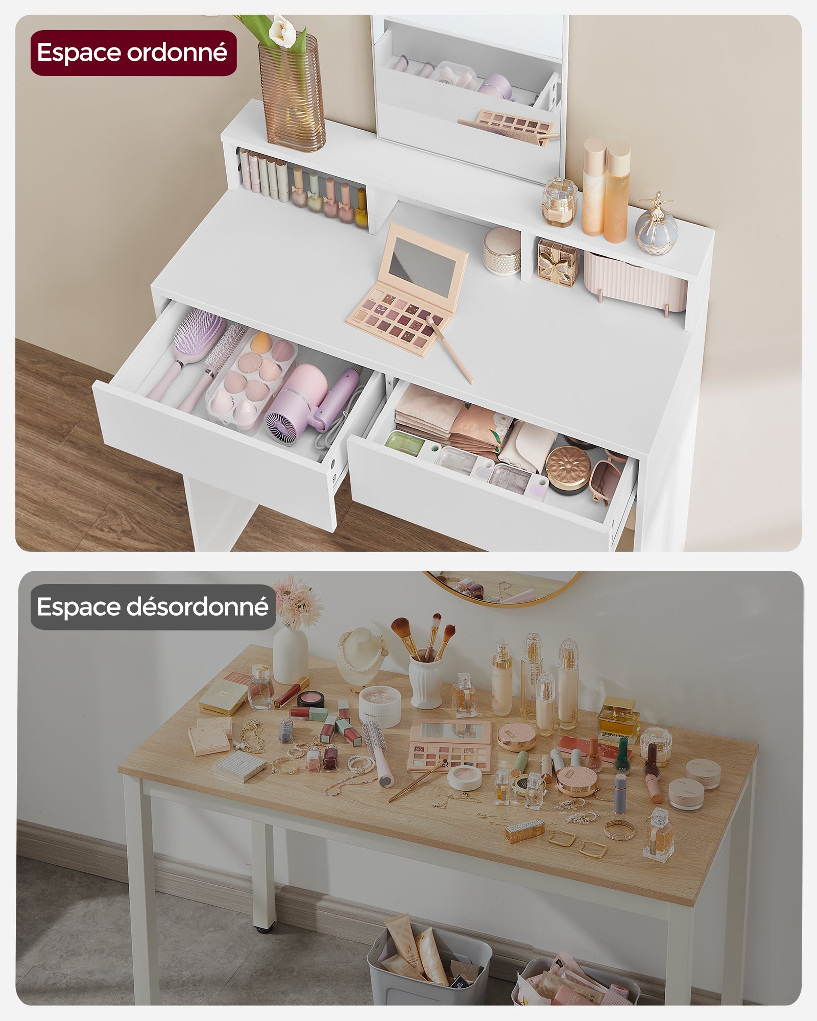 Coiffeuse Avec Miroir, 2 Tiroirs, 3 Compartiments De Rangement, 80 x 40 x 140 cm, SANS TABOURET, Style Moderne, Blanc - 6